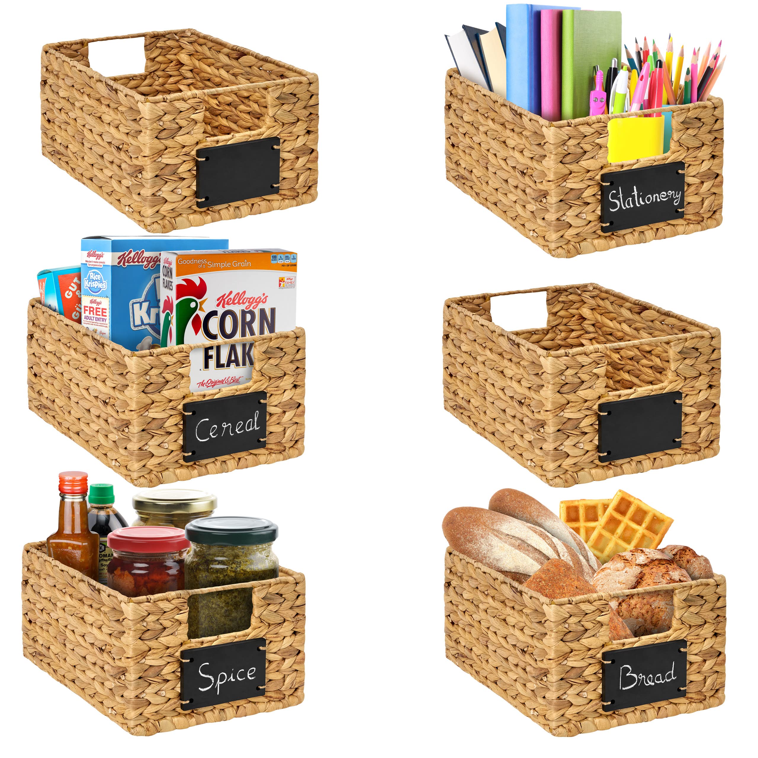 BARIEN 6 Pcs 12" x 9" x 6" Natural Water Hyacinth Woven Storage Baskets, Rectangular Wicker Basket with Built-in Handles, Woven Cube Storage Bin with Chalkboard Label Chalk Marker (Natural - Set of 6)