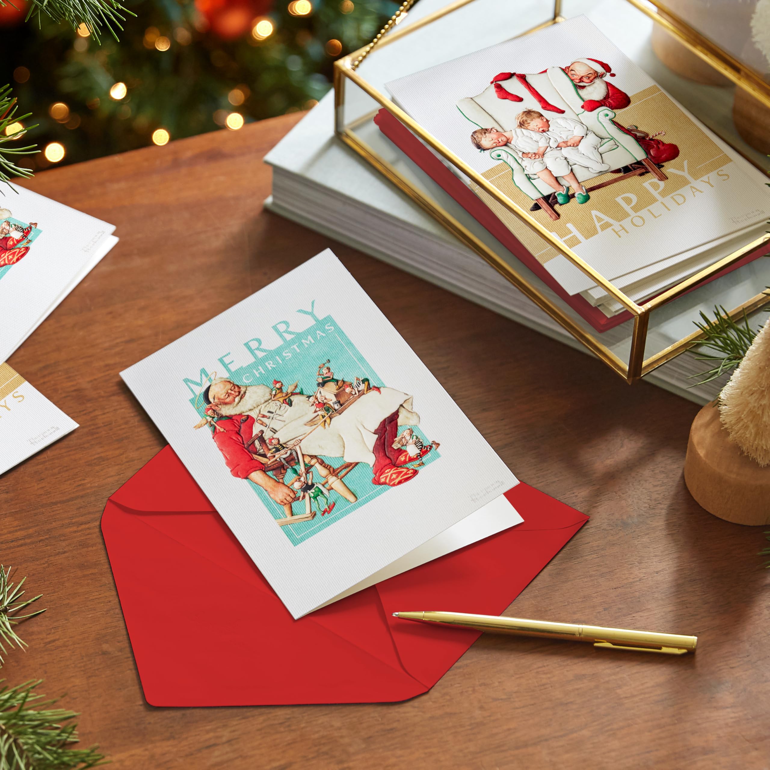 Hallmark Norman Rockwell Boxed Christmas Cards (40 Cards and 40 Envelopes) Snoozing Santa, Sleepy Kids