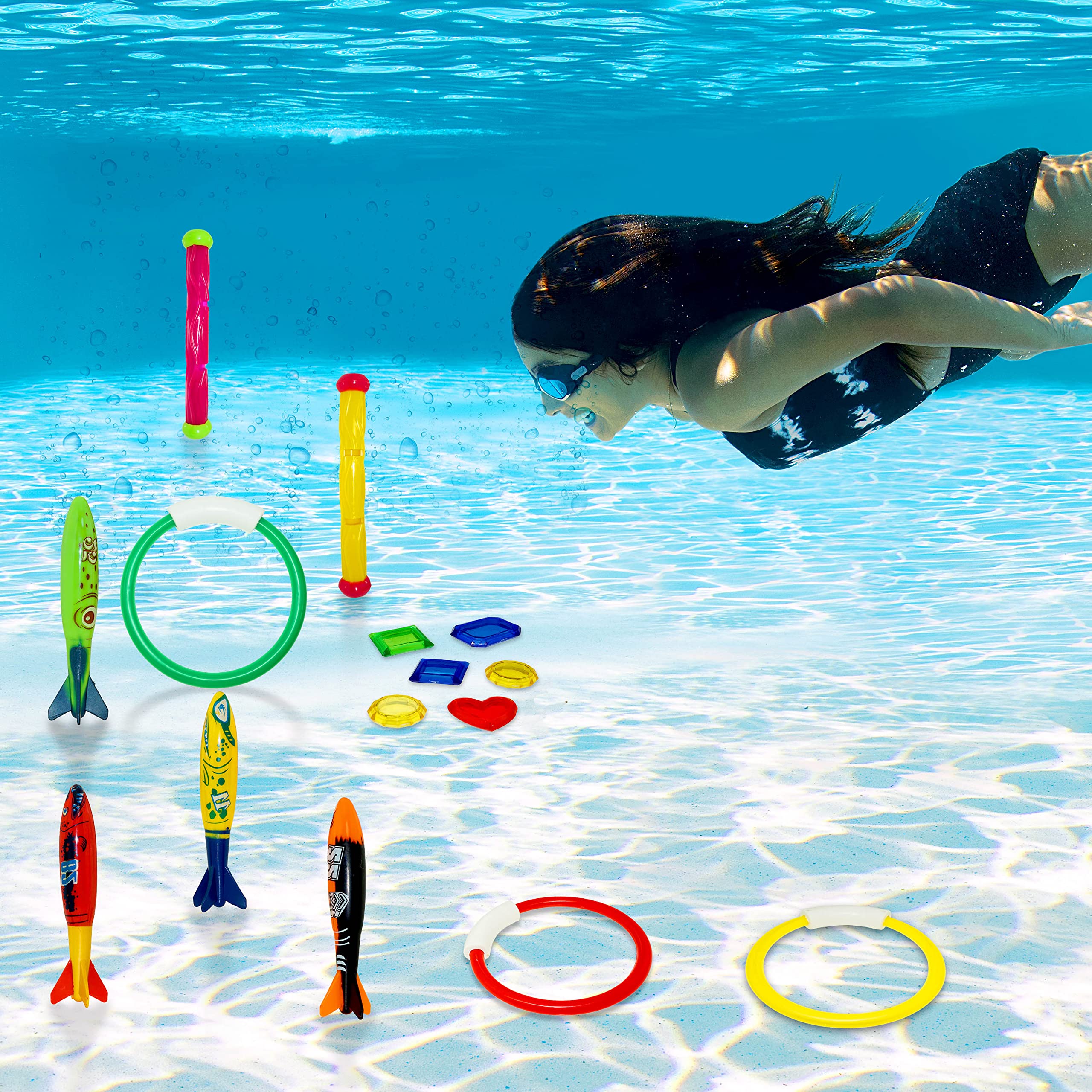 JOYIN 18Pcs Diving Pool Toys for Kids, Swimming Pool Toy with Storage Bag Includes 4 Pool Rings, 4 Diving Sticks, 4 Bandits, 6 Treasures Underwater Swim Pool Games for Ages 8-12