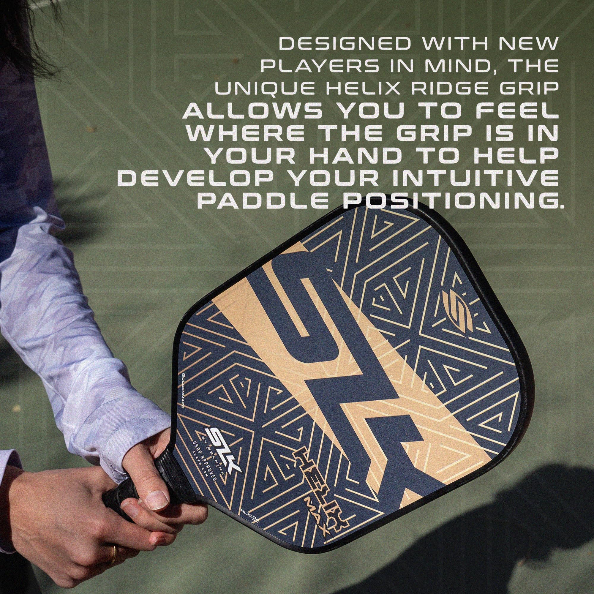 2024 SLK Helix Pro Pickleball Paddle | Carbon Fiber & Fiberglass Hybrid Face | Thermoformed Carbon Fiber Core | Unmatched Control | Gold Maze