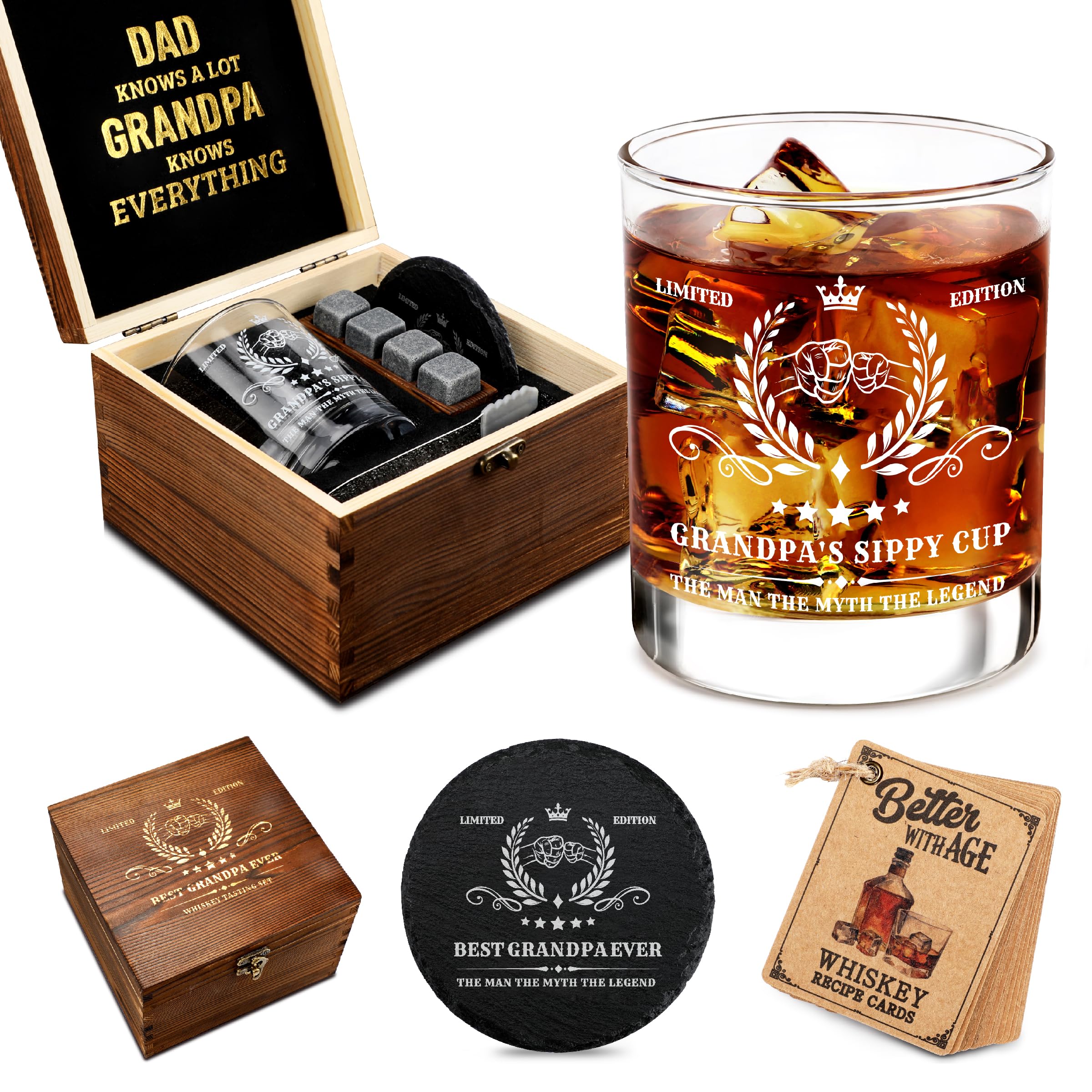 Pagather Grandpa Birthday Gifts Whiskey Set, Best Grandpa Presents from Grandson and Granddaughter, Include Wood Box, Recipe, Stones, Coaster, Stone Holder, Clamp