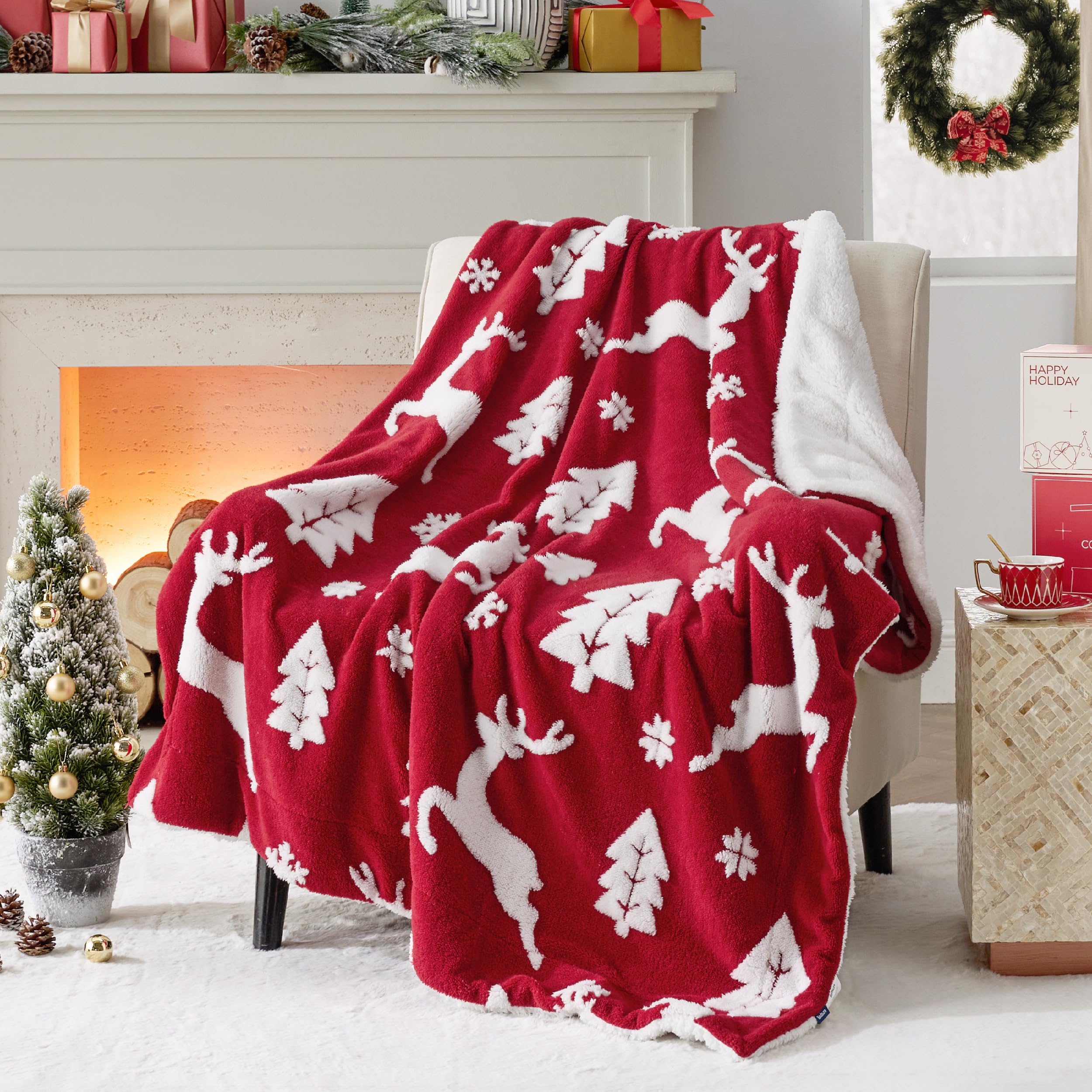 Bedsure Christmas Blanket Red - Luxury Christmas Decorations Holiday Deer Blanket Warm Cozy Sherpa Blanket Gift 50"x60"