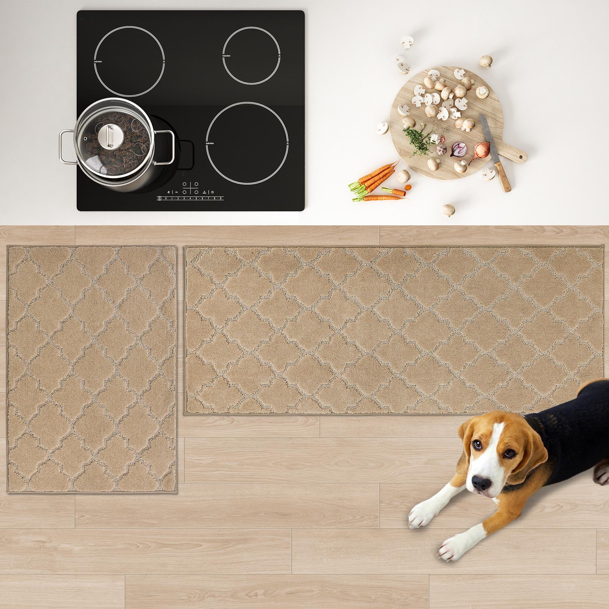JSEI Kitchen Rugs, Non-Slip Kitchen Mats for Floor, Soft Washable Absorbent Kitchen Mats 2 Pieces, Kitchen Carpet Runner with TPR Backing, Polyester, 24”x36”+24”x60”, Beige