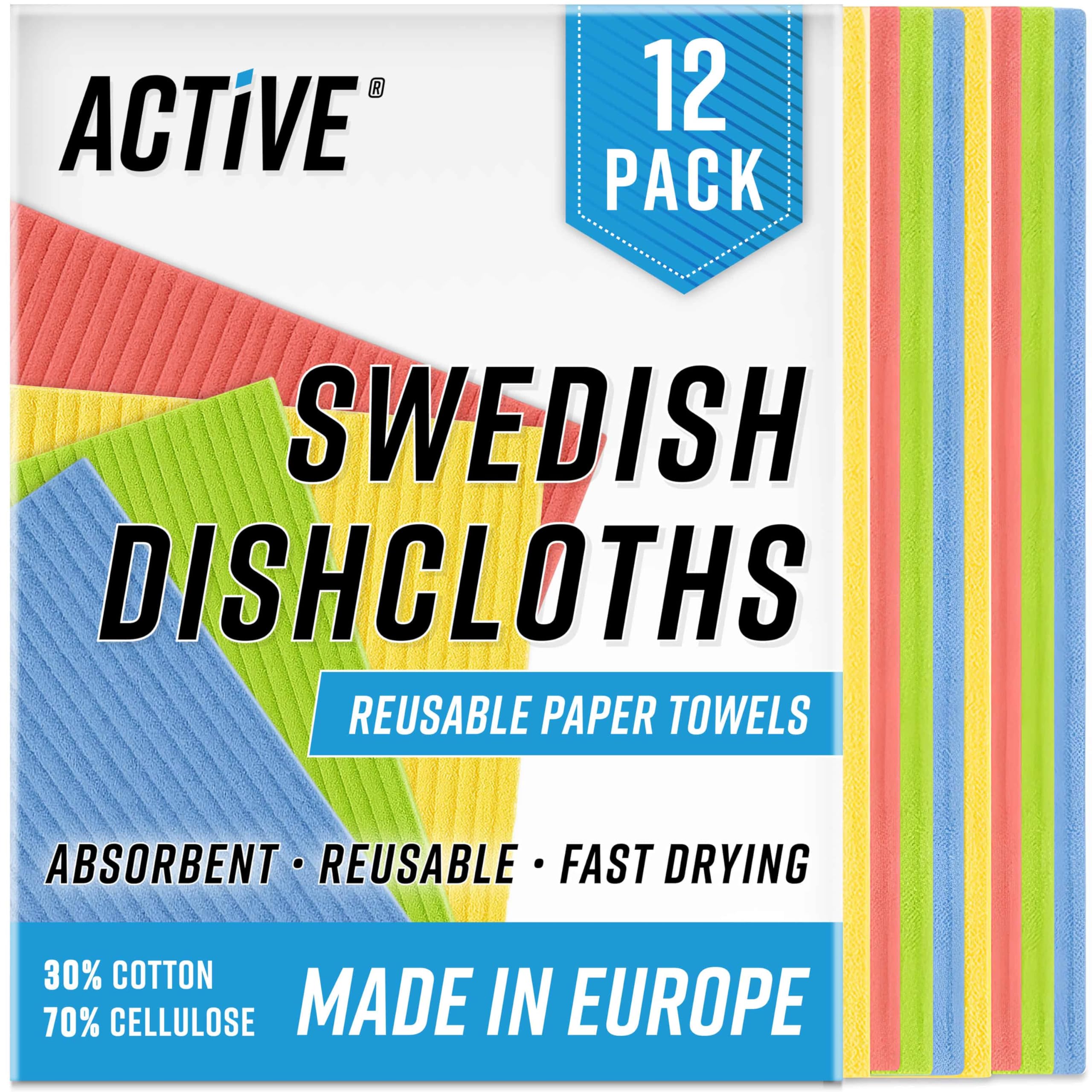 ACTIVE Swedish Dish Cloths for Kitchen 12 Pack Cellulose Sponge Cloth, Washable Dishcloths for Washing Dishes, Original European Dish Towels, Absorbent Reusable Paper Towels - Multicolor Assorted