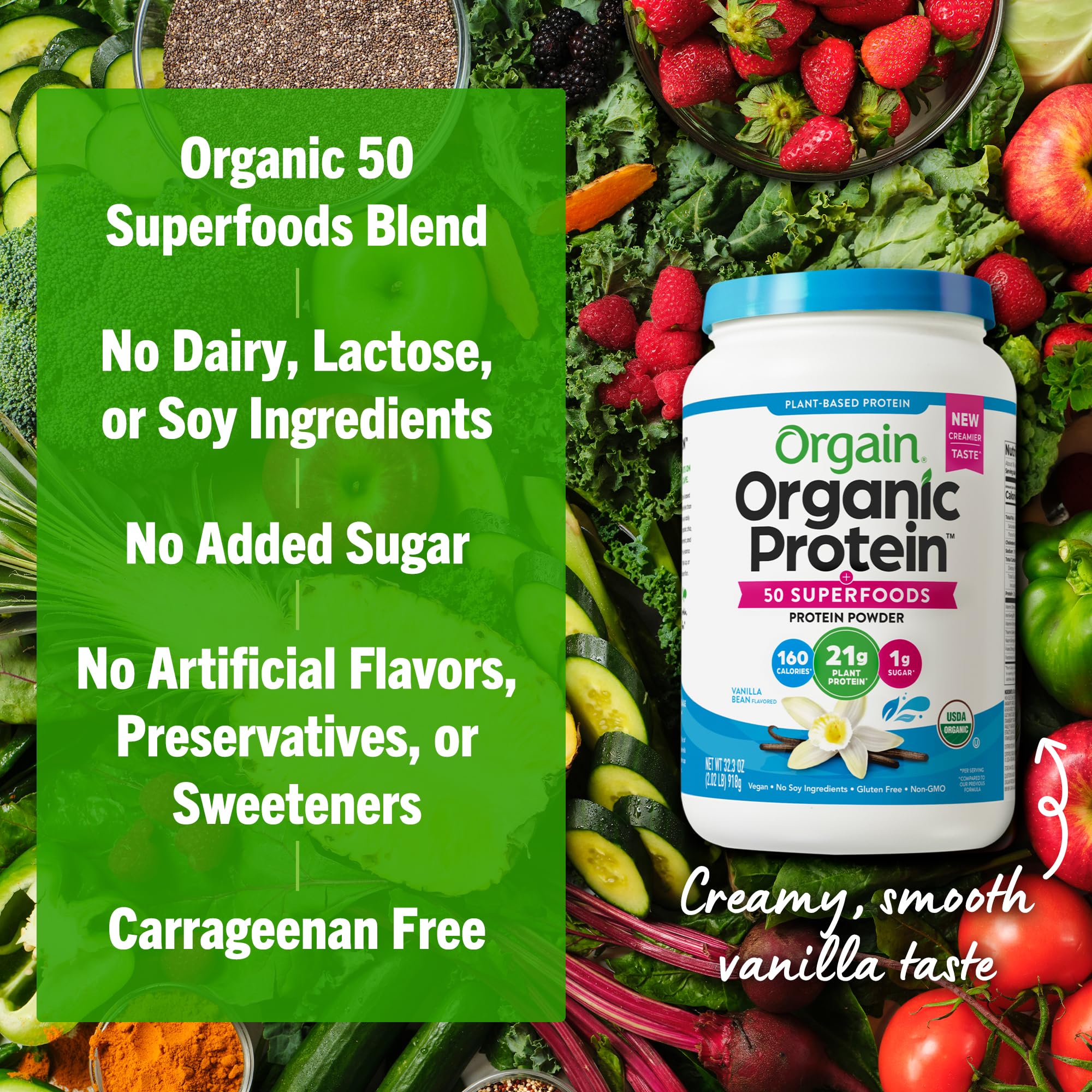 Orgain Organic Vegan Protein + 50 Superfoods Powder, Vanilla Bean - 21g Plant Based Protein, 8g Prebiotic Fiber, No Lactose Ingredients, Gluten Free, Non-GMO, 2.02 lb (Packaging May Vary)