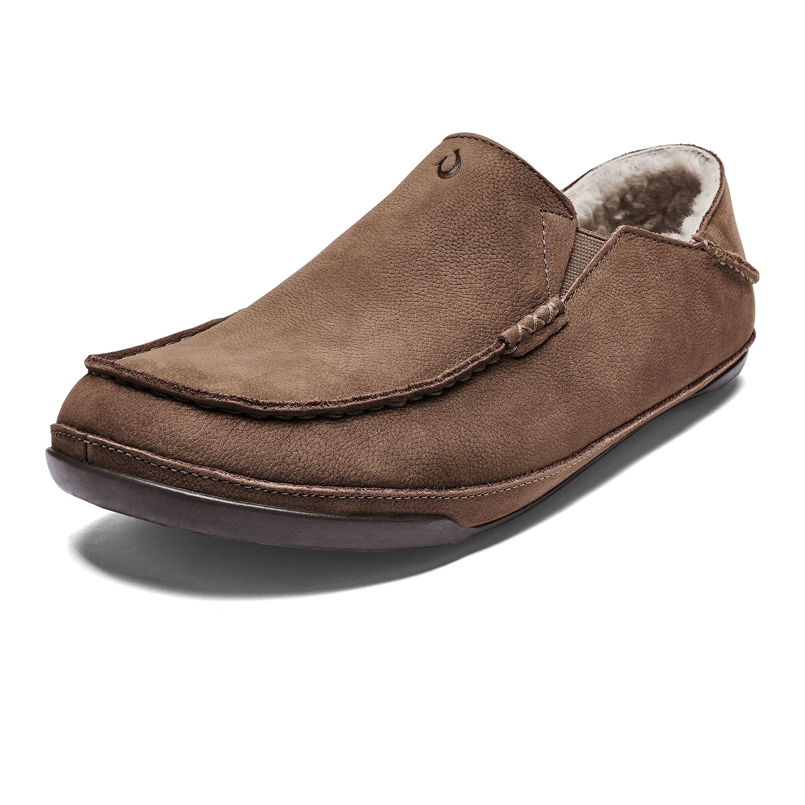 OLUKAI Kipuka Hulu Men's Leather Slippers, Premium Nubuck Leather Slip On Shoes, Shearling Lining & Gel Insert, Drop-In Heel Design, Toffee/Toffee, 7
