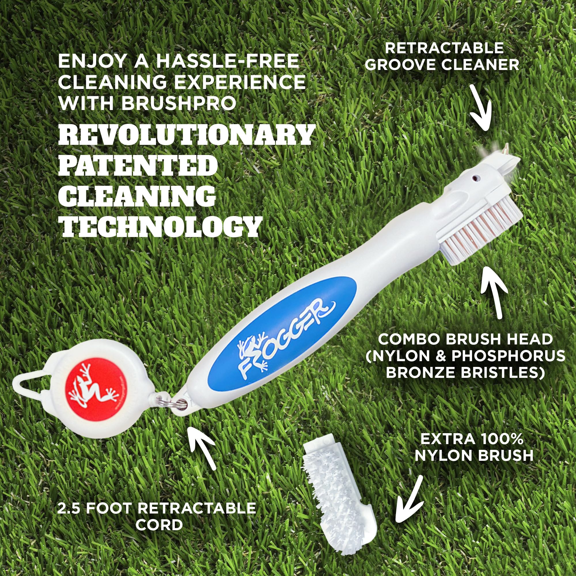 Frogger BrushPro Golf Club Cleaner with Ergonomic Grip and 2.5 ft. Retractable Cord, Patriot - Sturdy Golf Club Brush and Groove Cleaner for Golfers