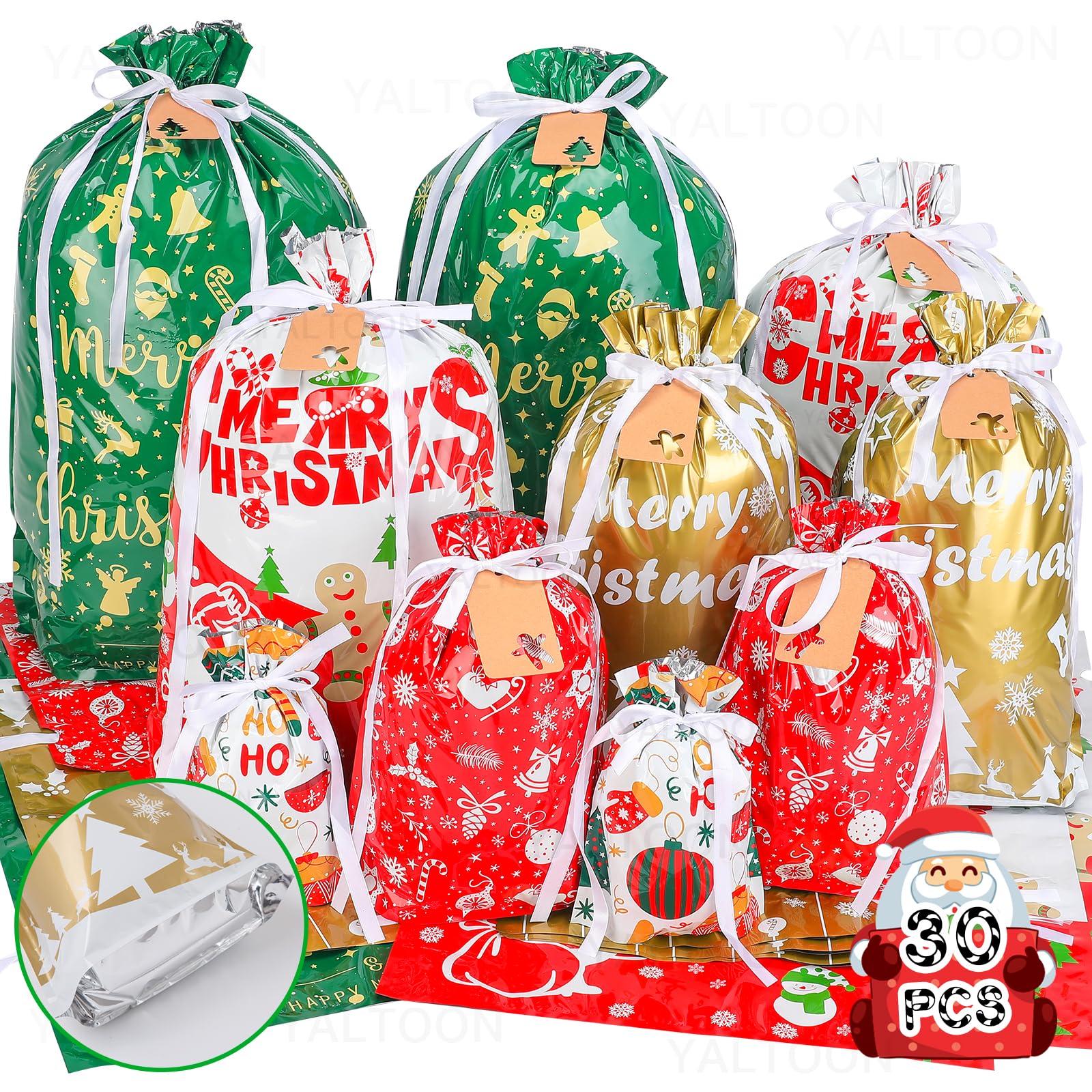 Christmas Gift Bags, 30pcs Christmas Bags for Gifts, Drawstring Christmas Gift Bags Assorted Sizes-Large, Medium, Small, Christmas Wrapping Paper Reusable Plastic Christmas Bags Bulk, Holiday Gift Bag