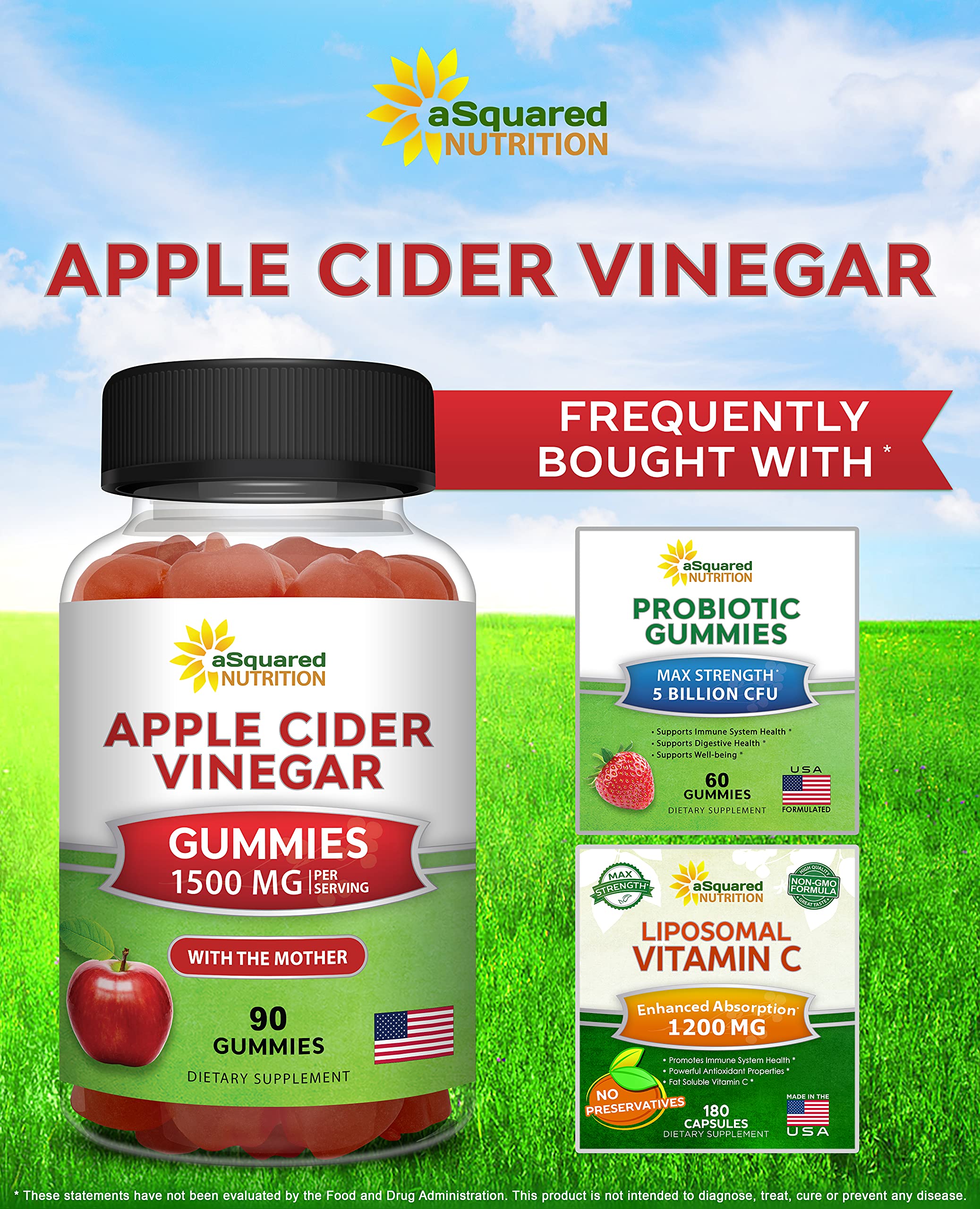 aSquared Nutrition Apple Cider Vinegar Gummies - 1500mg with The Mother - 90 ACV Gummies w/Vitamin B6 & B12, Folic Acid - Vegan Gummy Supplement Alternative to Capsules Pills & Drink