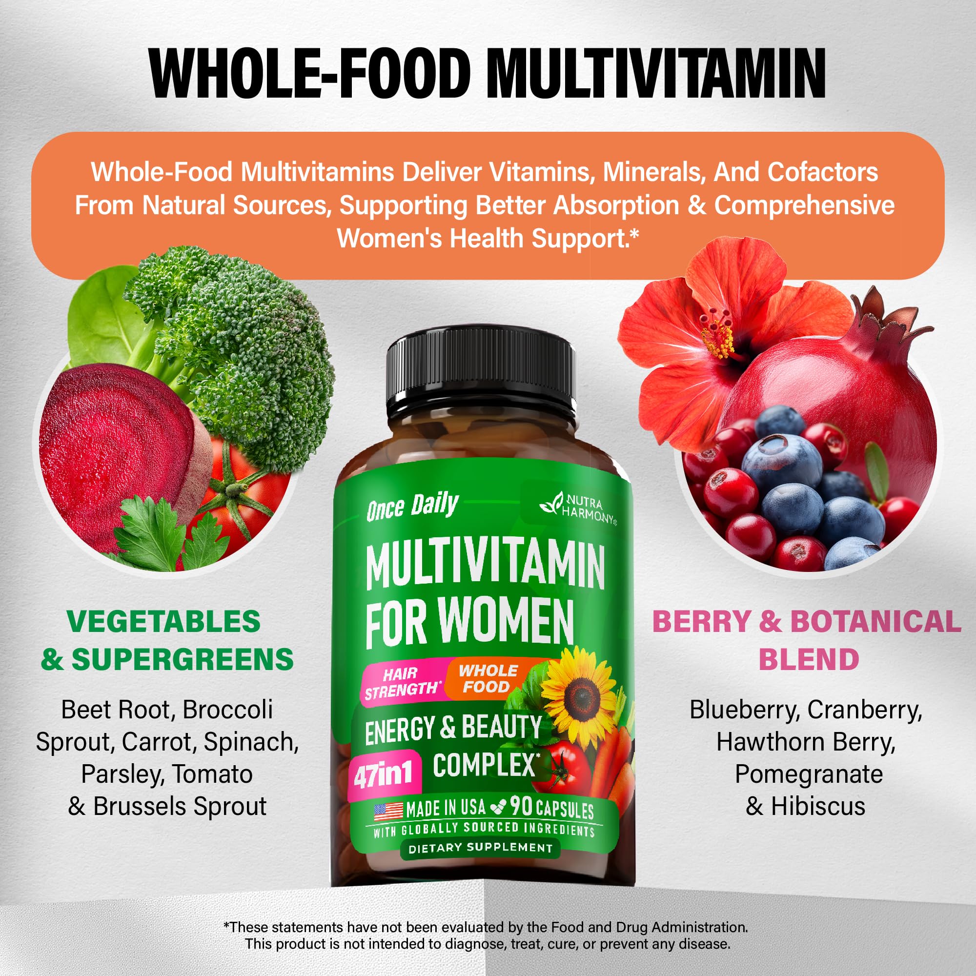 Multivitamin for Women - B-Complex | Whole Foods | Hair Growth Support | Digestion & Metabolism | Iron - 47in1 Womens Multivitamin - Bioavailable & Gentle on Stomach - Made in USA - 90 Capsules