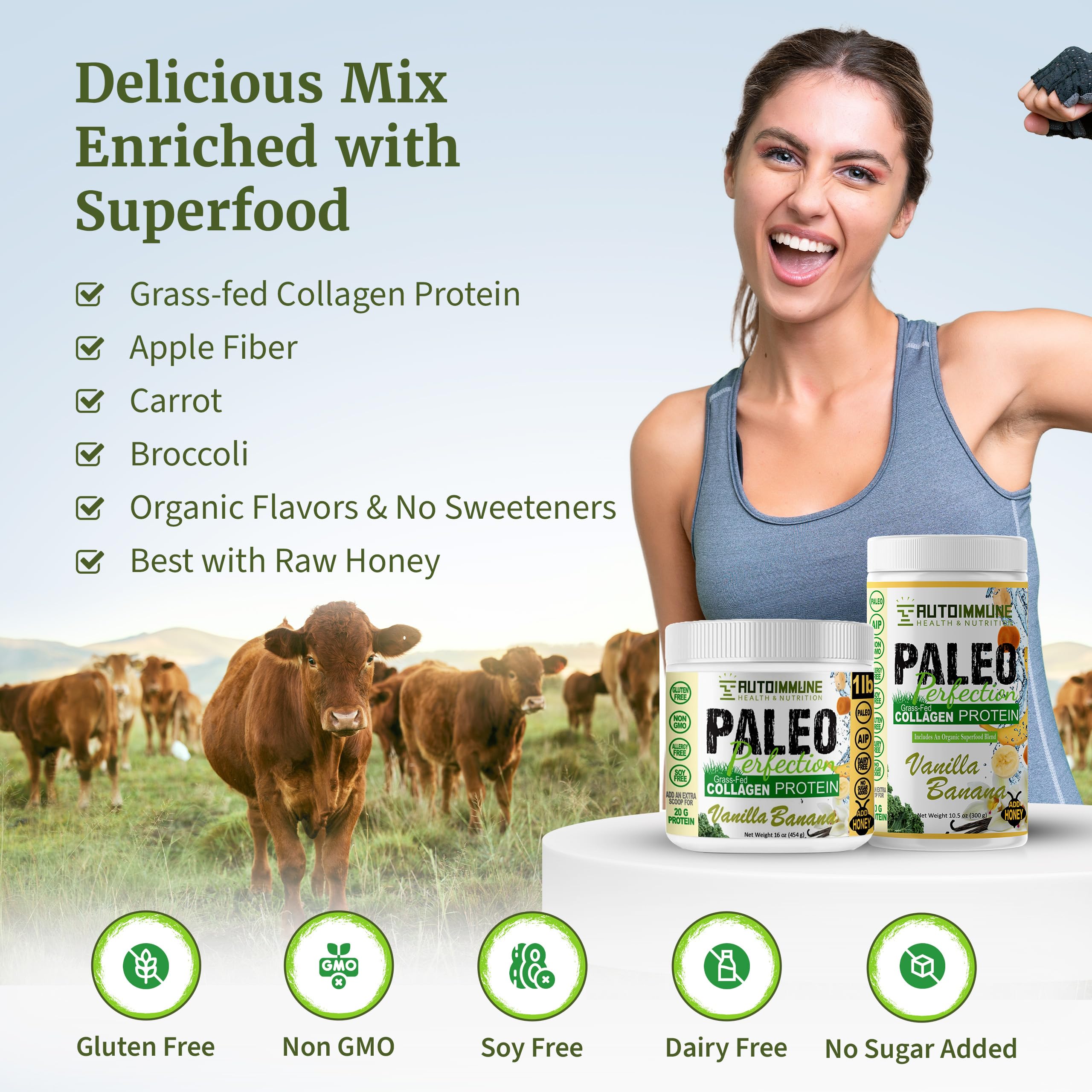 Paleo Perfection Vanilla Banana Grass Fed Beef Collagen Protein Powder without Stevia - Paleo, Keto, SCD, AIP Protein Powder with Apple Fiber, Carrot & Broccoli - 300g Protein Powder & Superfood Blend