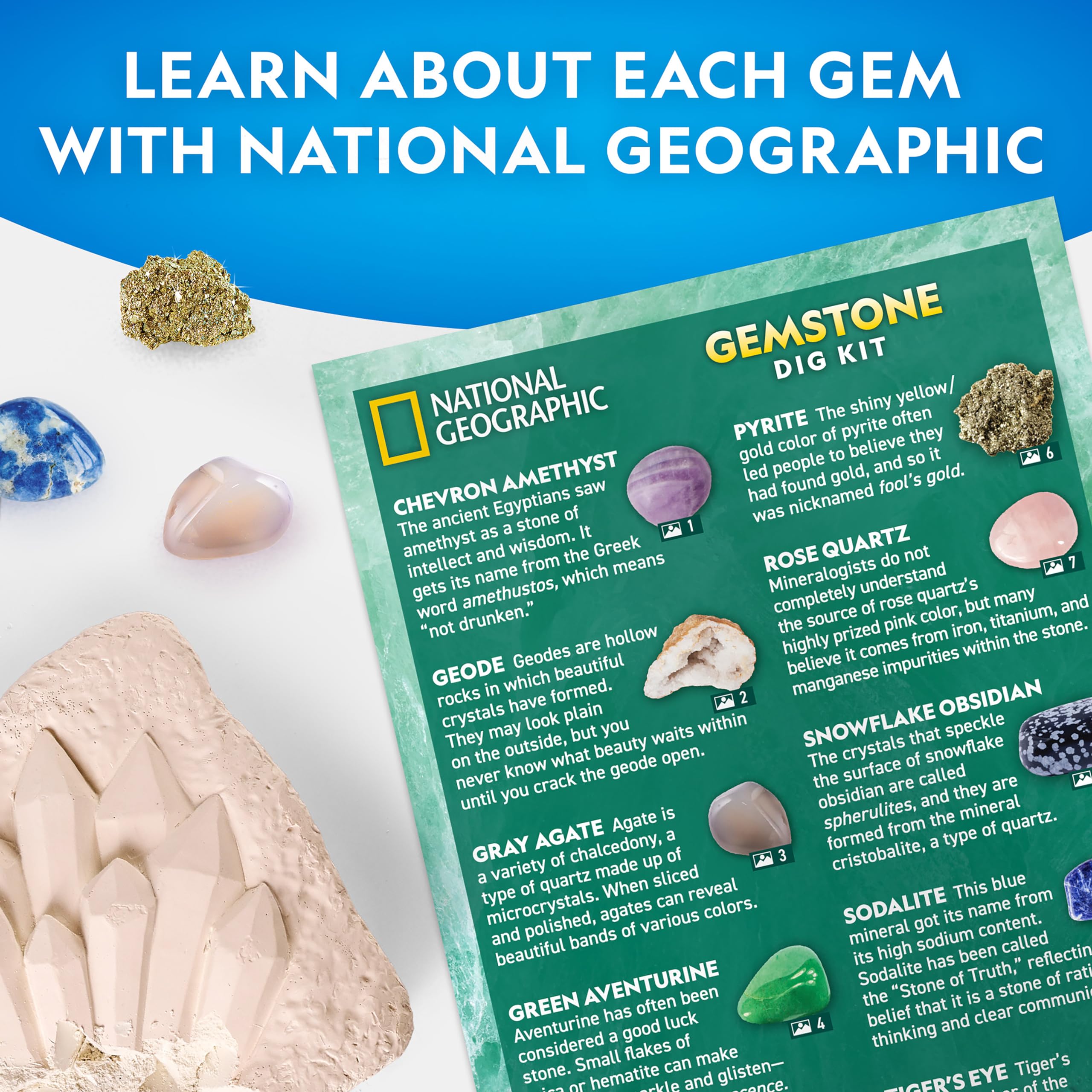 NATIONAL GEOGRAPHIC Gemstone Dig Kit – Dig Up 10 Real Gemstones and Crystals, Science Kit for Kids, Gem Digging Kit, Gift for Girls and Boys, Mining Kit, Rock Collection