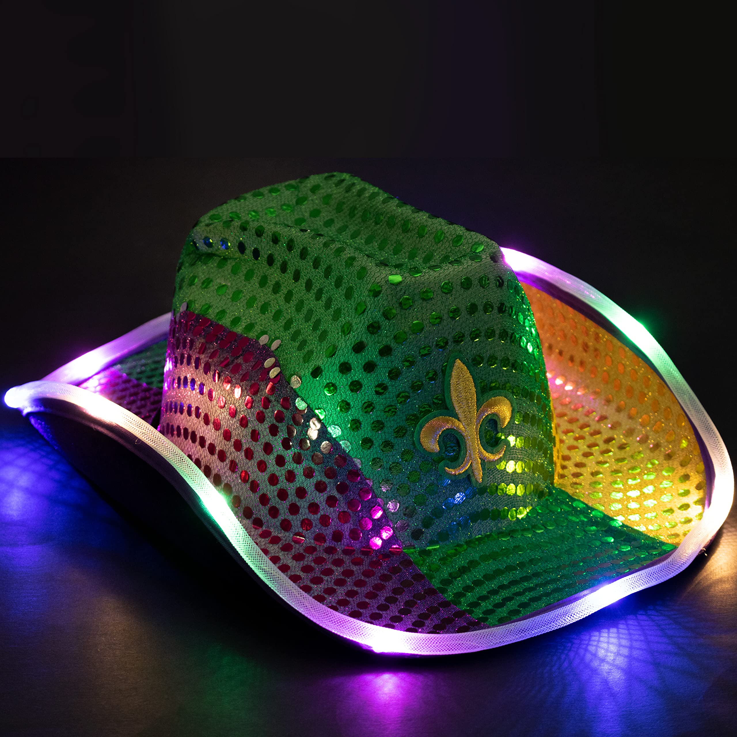 GiftExpress Adult LED Light-Up Sequin Cowboy Hat, Mardi Gras Costume Accessory, Shiny Purple, Green and Gold Colors