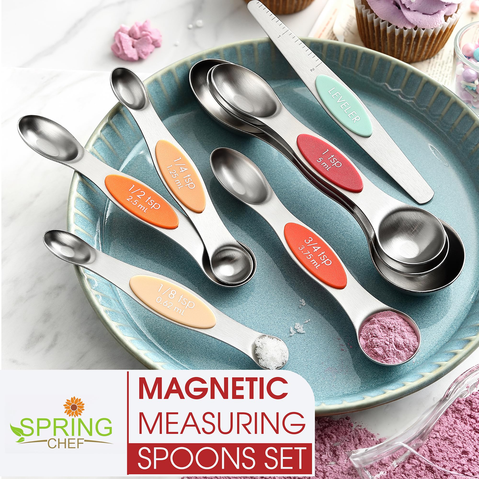 Spring Chef Stainless Steel Metal Magnetic Measuring Spoons Set of 8 with Leveler, Heavy Duty Nesting Teaspoon & Tablespoon Measuring Spoons, Kitchen Gadgets for Baking & Cooking - Desert Sunset