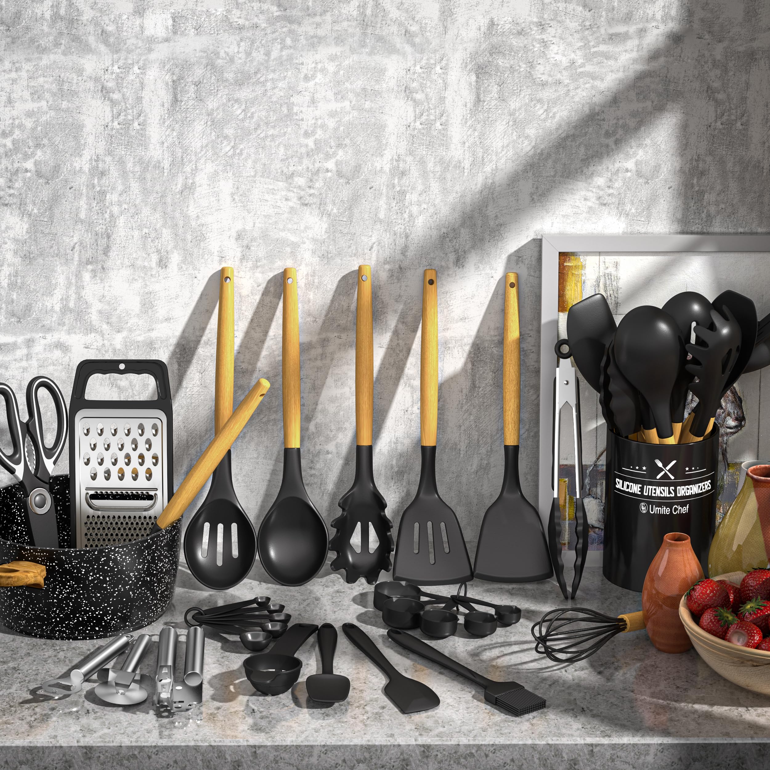 Kitchen Utensils Set- 34PCS Silicone Cooking Utensils with Holder, Umite Chef Heat Resistant Kitchen Utensil Spatula Set for Nonstick Cookware, Black Wooden Handles Kitchen Gadgets Tools Set