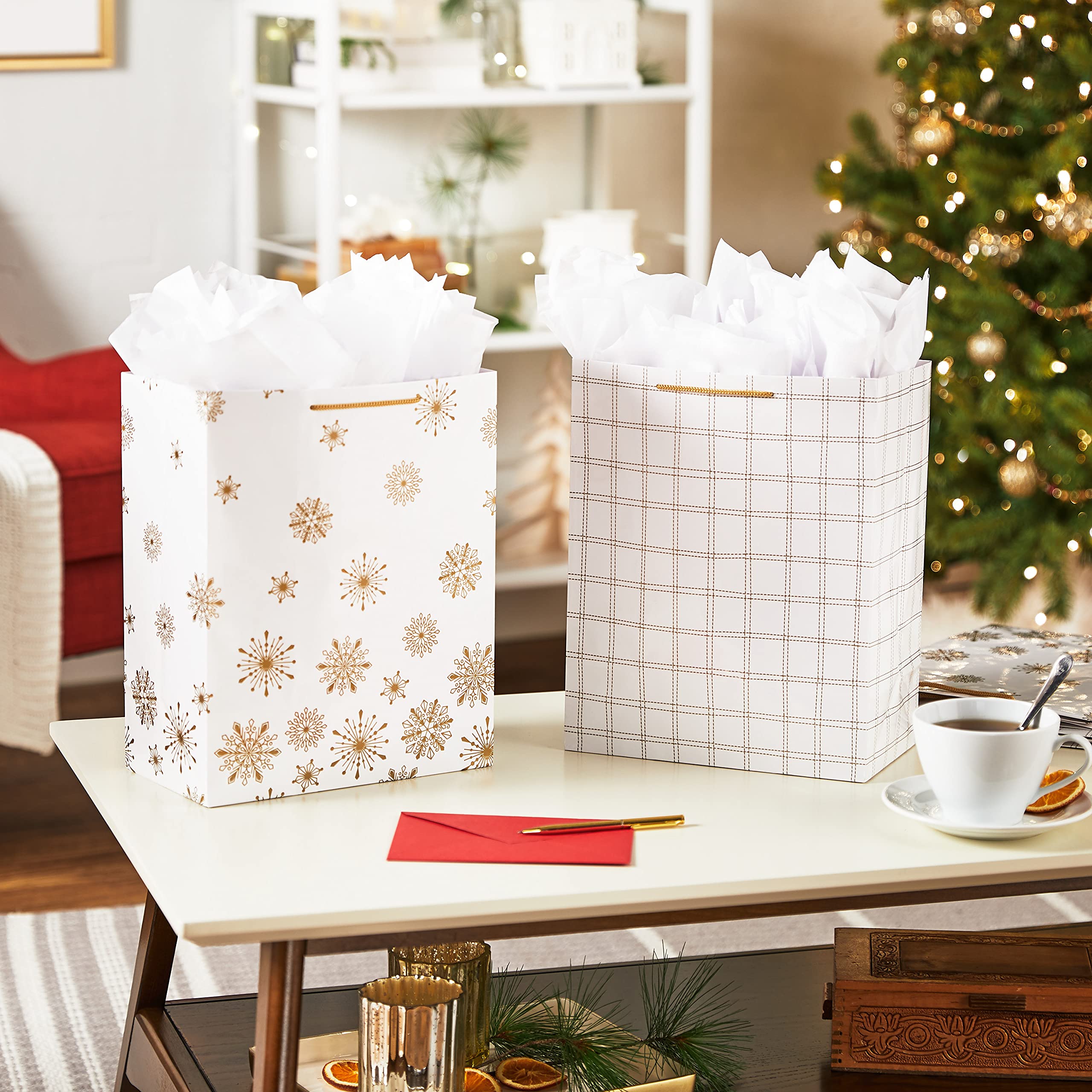 Hallmark 13" Christmas Gift Bags (4 Large White Bags: Gold Snowflakes, Gold Plaid) for Holiday Parties, Winter Weddings, Bridal Showers