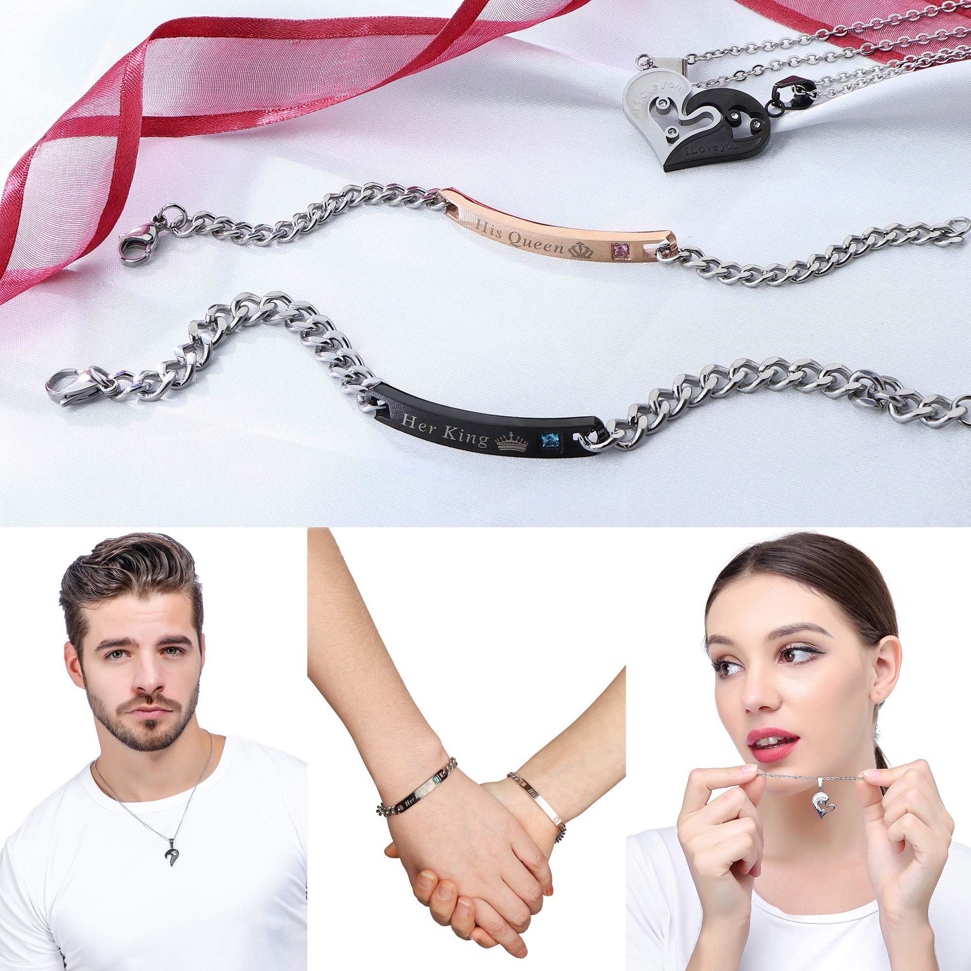 Jstyle 4Pcs Couple Necklace Bracelets Matching Set for Women Men Heart Pendant Necklace His and Hers Bracelets Couple Gift