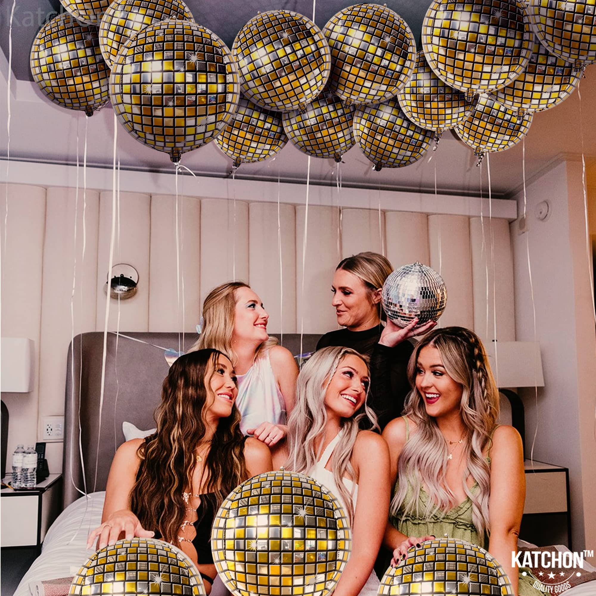 KatchOn, Gold Disco Ball Balloons - Big 22 Inch, Pack of 6 | Metallic 4D Sphere Gold Disco Balloons for New Years Eve Party Supplies 2025 | Gold New Years Balloons for Gold Disco Party Decorations