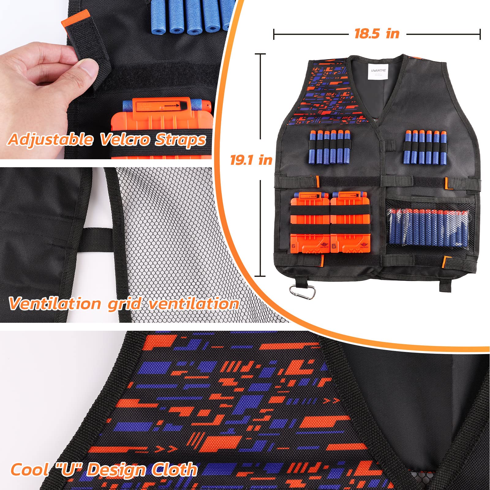 UWANTME Kids Tactical Vest Kit for Nerf Guns Elite Series with Refill Darts,Tactical Mask Wrist Band,Protective Glasses,Toys for 7 8 9 10 12 Year Old