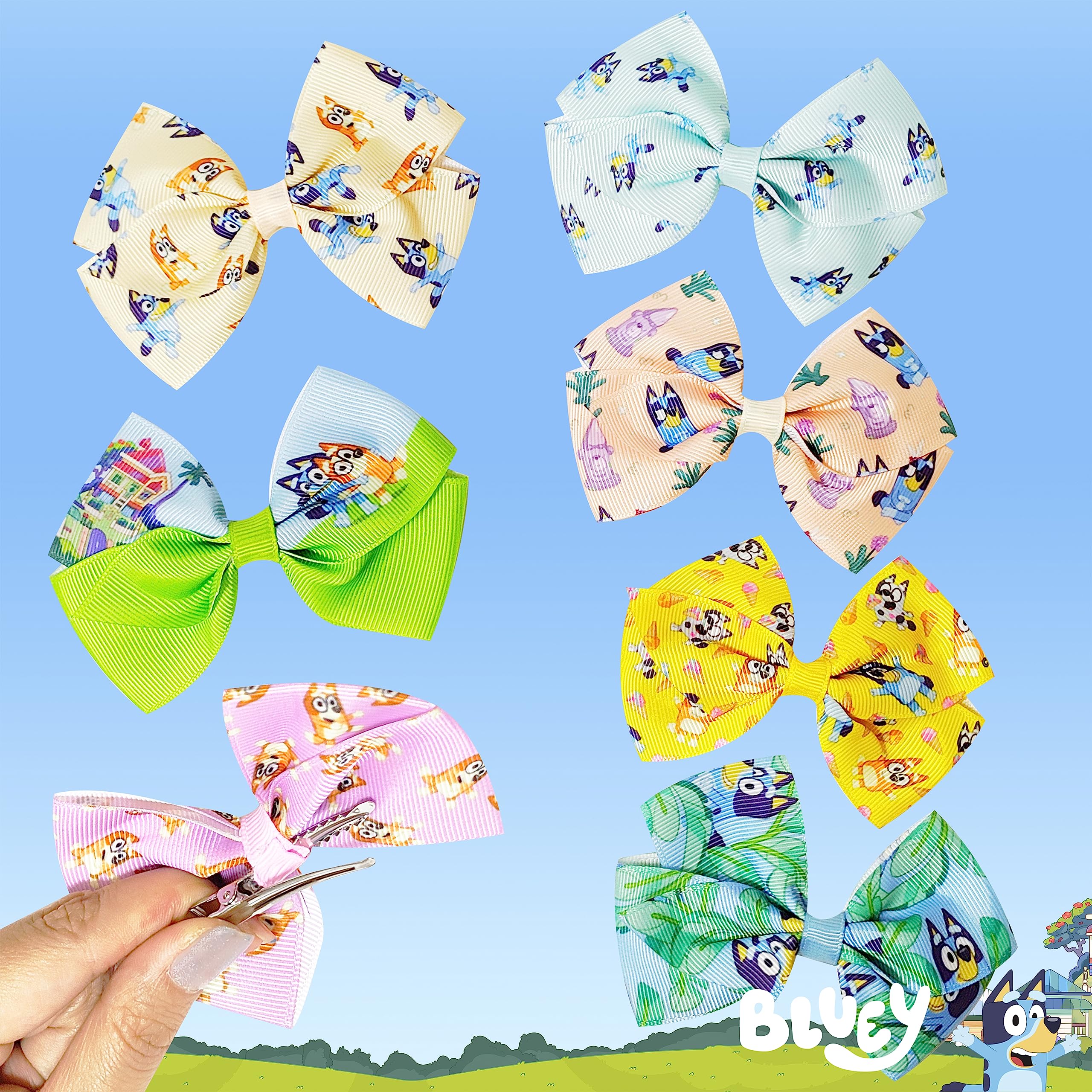 Bluey Kids Hair Bows - Hair Accessories Gift Set- 7 Pcs 4 Inch Bow Bundle- for Girls- Different print on each clip- Alligator Clip- Ages 3 +