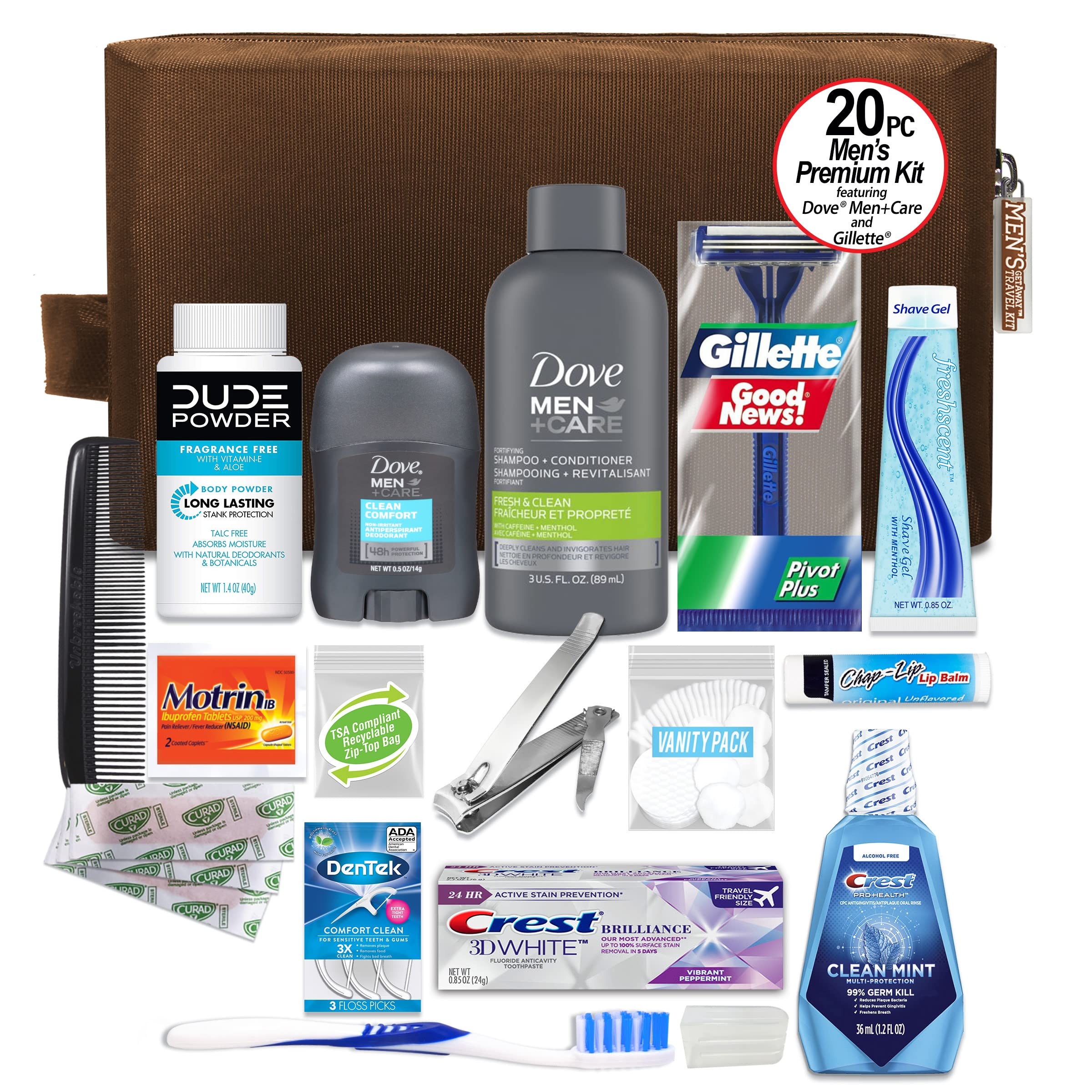 Convenience Kits International Men’s Premium 20-Piece Kit with Travel Size TSA Compliant Essentials, Featuring: Dove Men & Care Products in Brown Dopp Bag