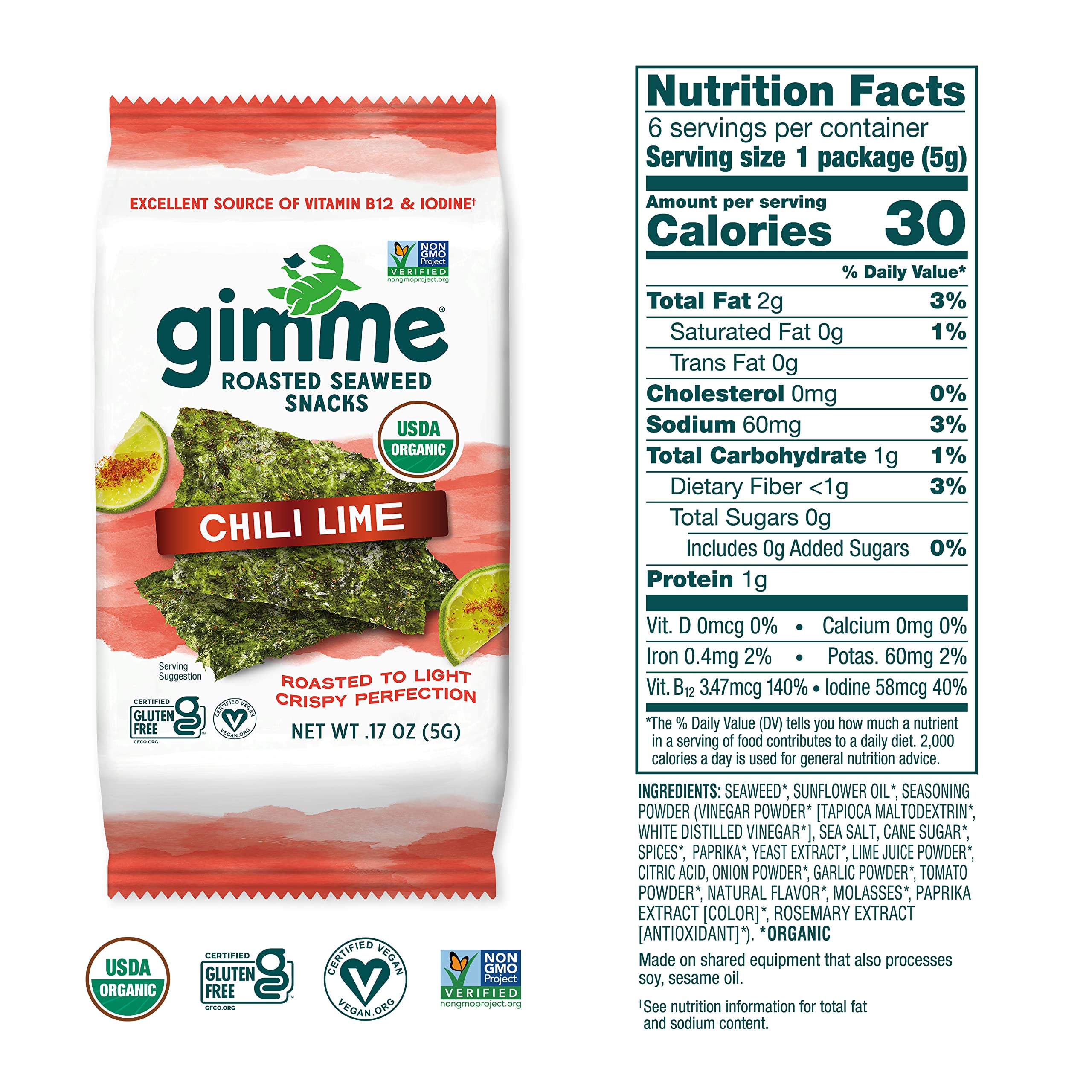 Gimme Seaweed - Chili Lime - 6 Count - Organic Roasted Seaweed Sheets - Keto, Vegan, Gluten Free - Great Source of Iodine & Omega 3’s - Healthy On-The-Go Snack for Kids & Adults