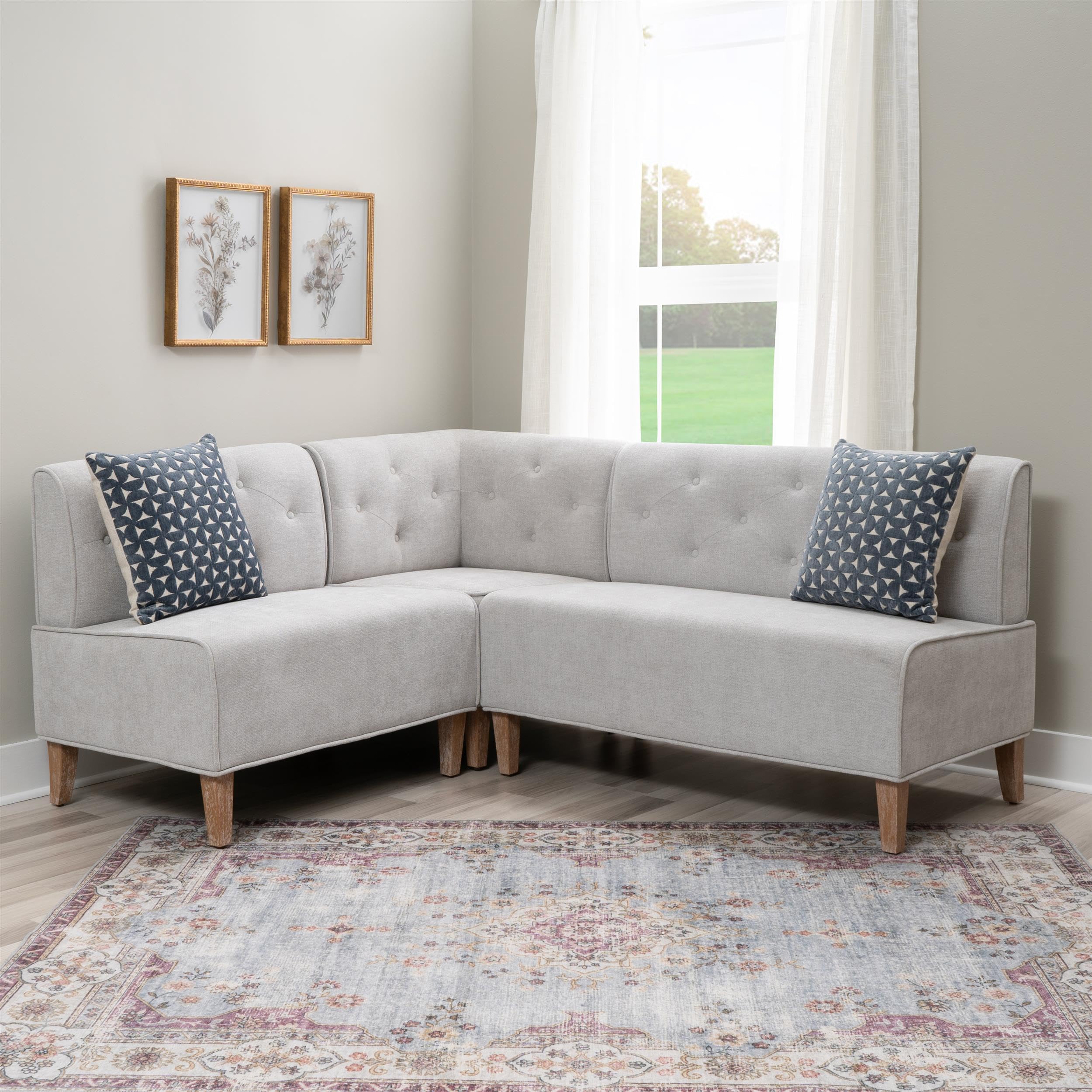 Powell Linon Hale Tufted Back Fully Upholstered Corner Nook Bench in Light Grey