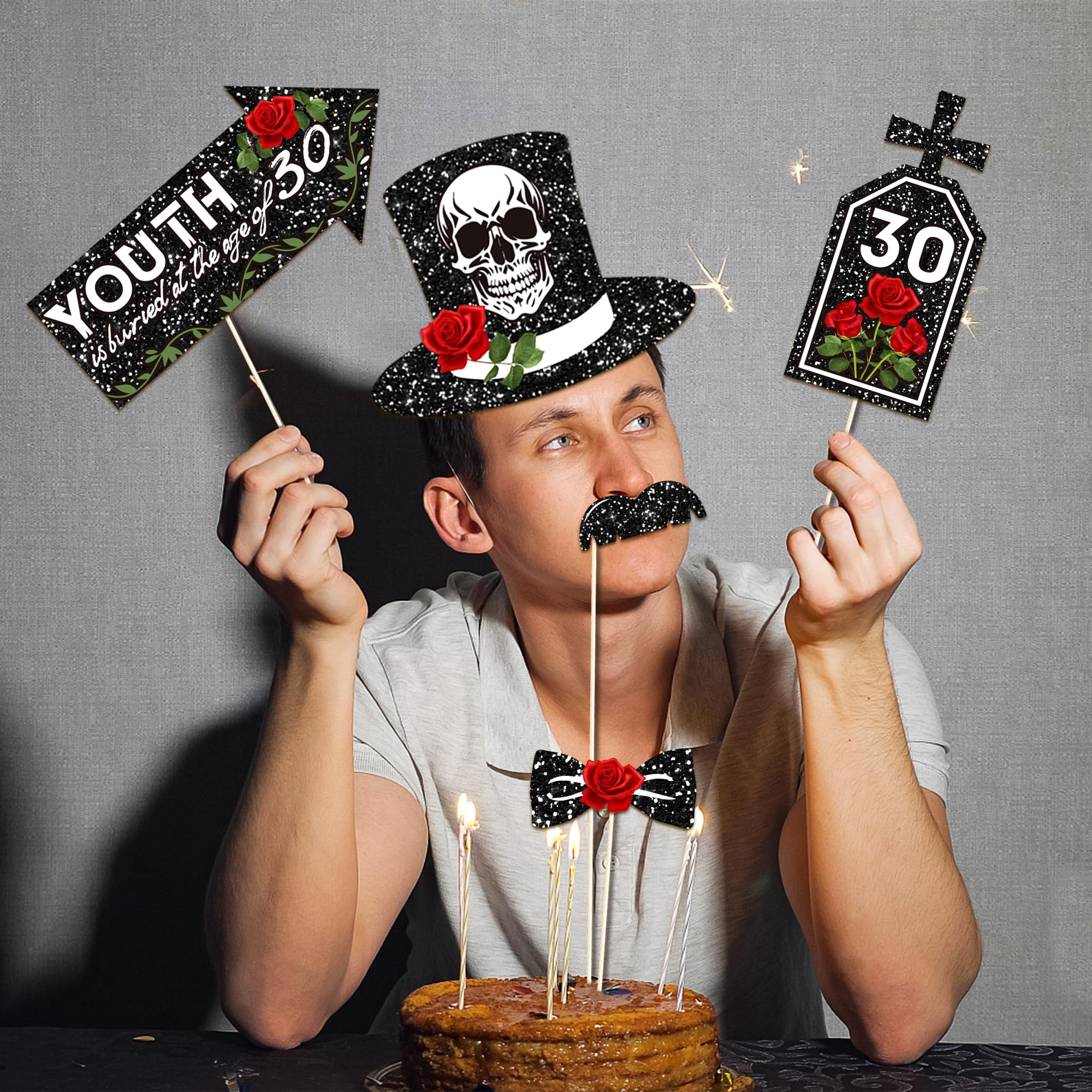 25pcs 30th Birthday Photo Booth Props with Stick 30 Birthday Party Supplies Rip to My Youth Skull Selfie Prop for My Youth Funny Thirtieth Black Birthday Party Decoration