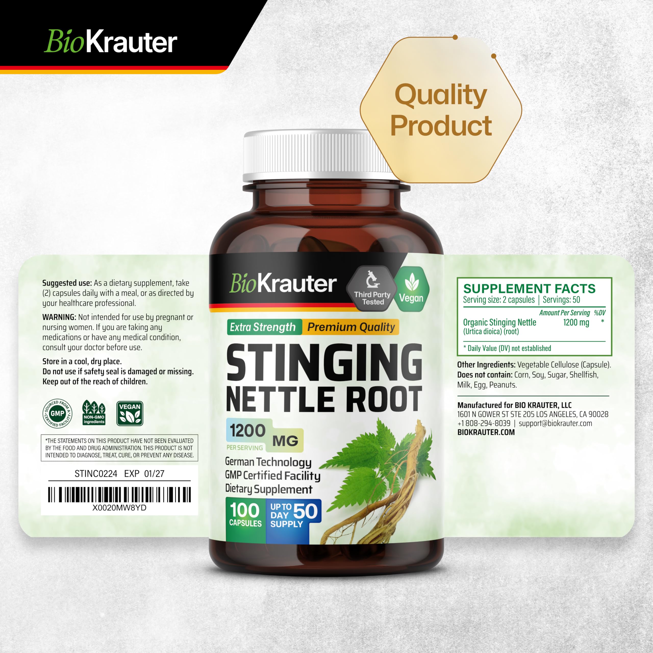 Stinging Nettle Capsules - Natural Urinary Tract & Overall Health Support - Organic Nettle Root Powder (Urtica Dioica) 1200 mg - 100 Vegan Pills - Non GMO