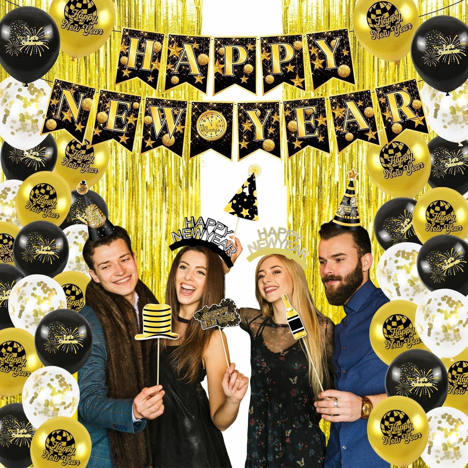 80 Pcs New Years Eve Party Supplies 2025 Happy New Year Decorations - Include Happy New Year Banner, Cone Hats, Tiaras, Balloons, Fringe Curtain and New Year Photo Props