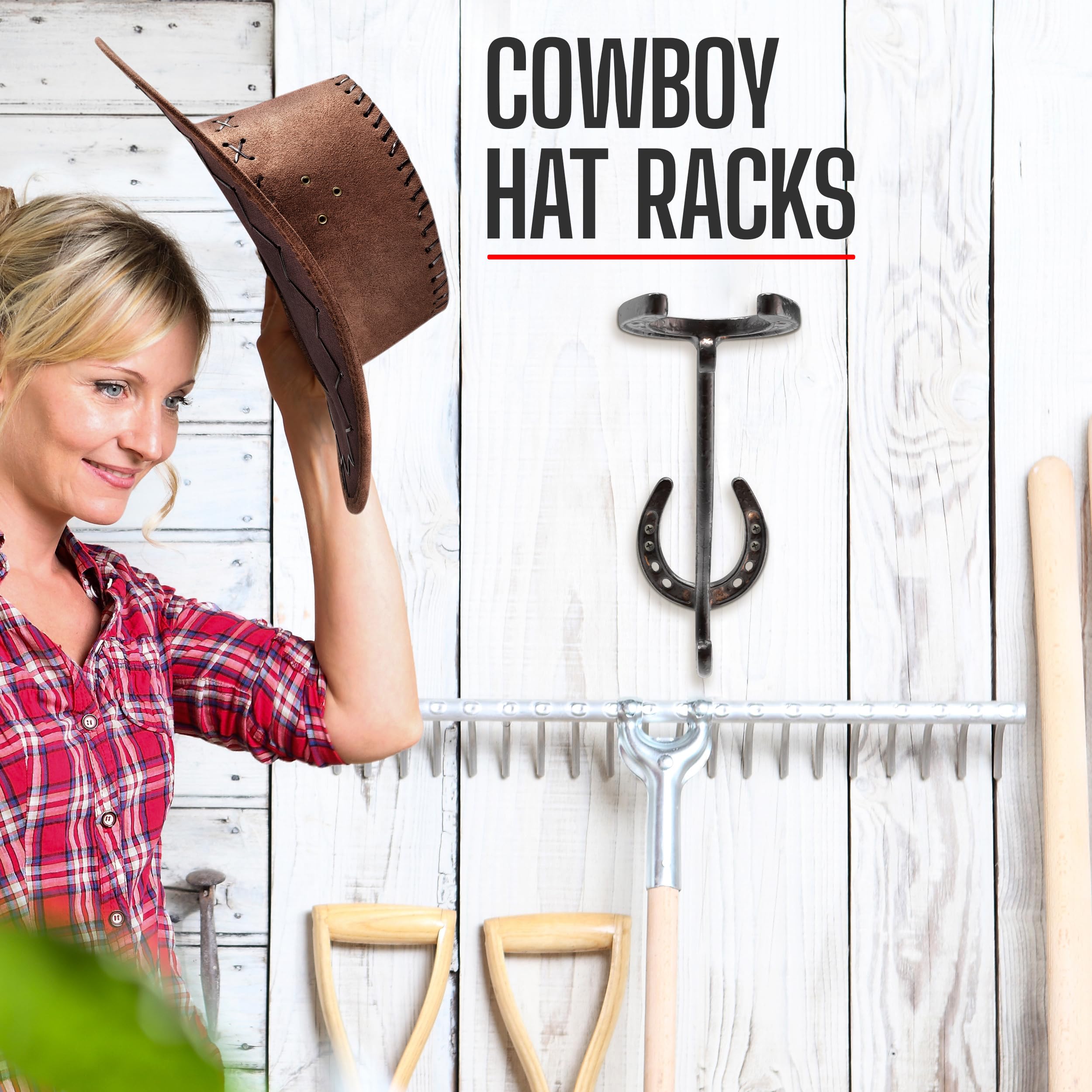A.J. Boone Cowboy Hat Rack - Set of 2 Decorative Wall-Mounted Holder - Heavy-Duty Iron Hanger and Organizer DIY Kit for Hats, Coats and Keys - Rustic Western Horseshoe Hooks for Storage and Display