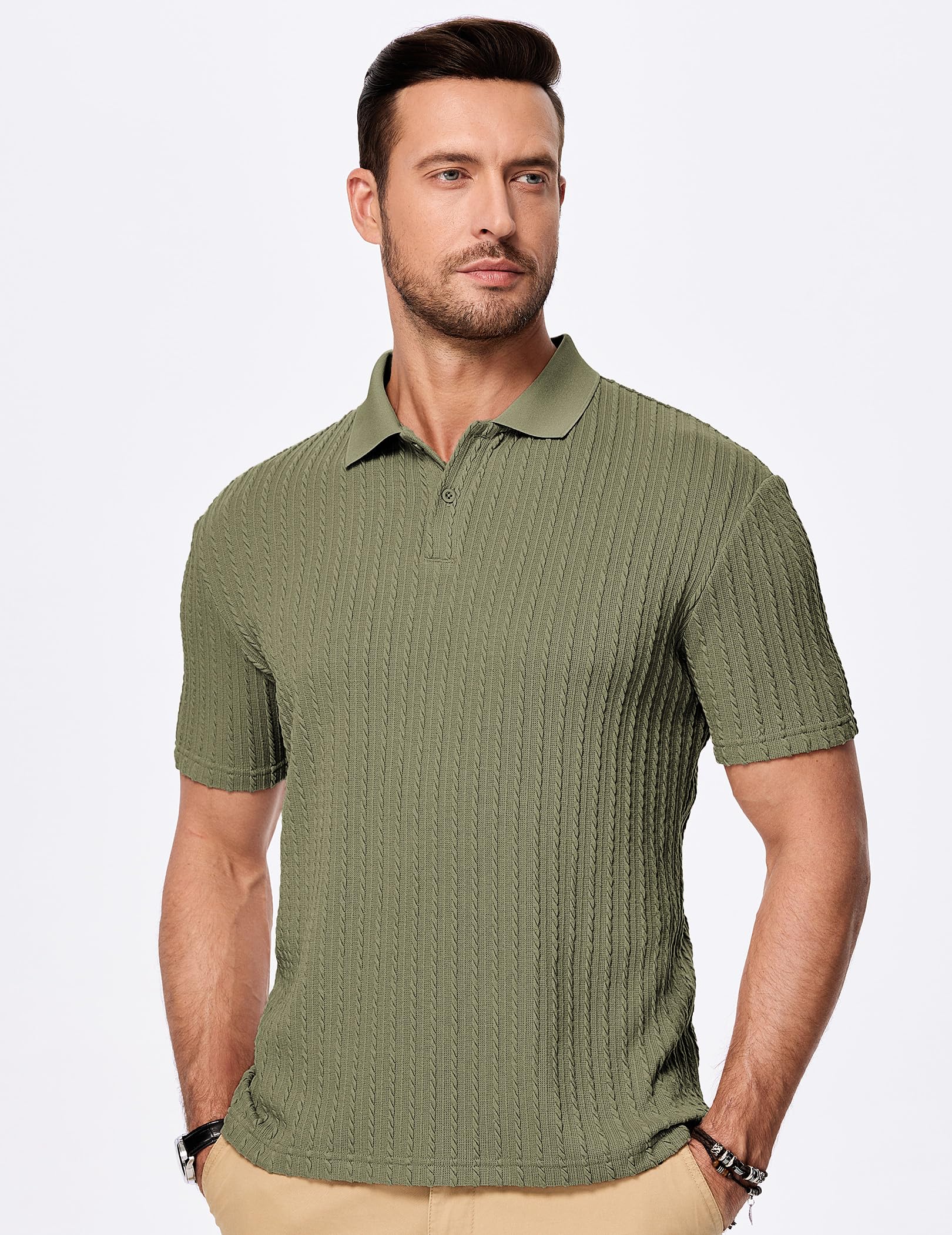 JMIERR Mens Polo Shirt Short Sleeve Casual Fashion Henley Shirts Button Dwon Knit Textured Men Gift, L, Green