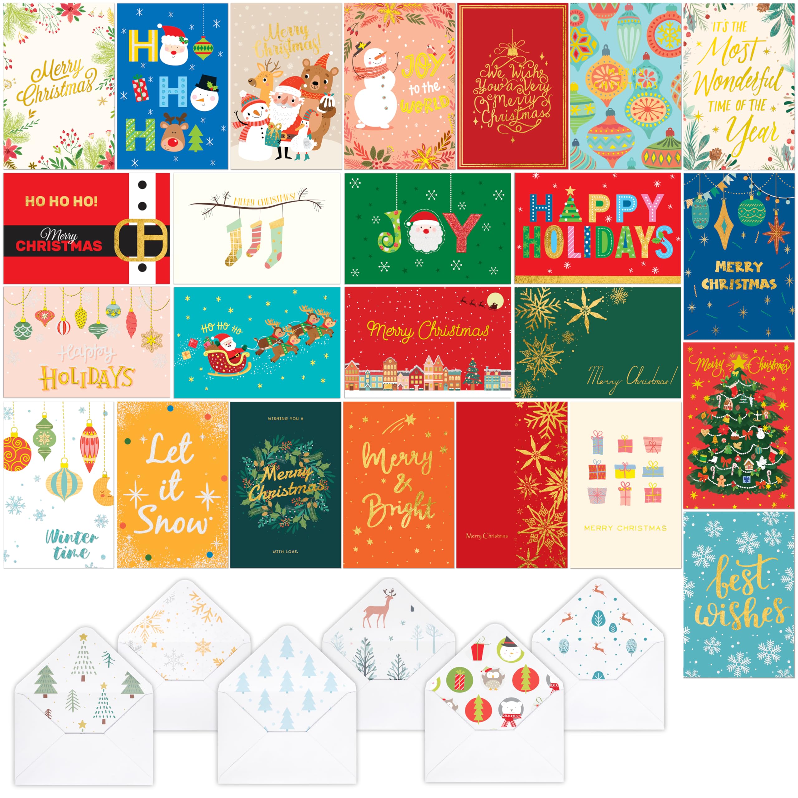 SPIRITDUST 24 Pack Gold Foil Glitter Christmas Cards with Envelopes and Stickers, Holiday Greeting Cards, 4 x 6 inch 24 Designs Christmas Cards Bulk for Friends, Family, Kids