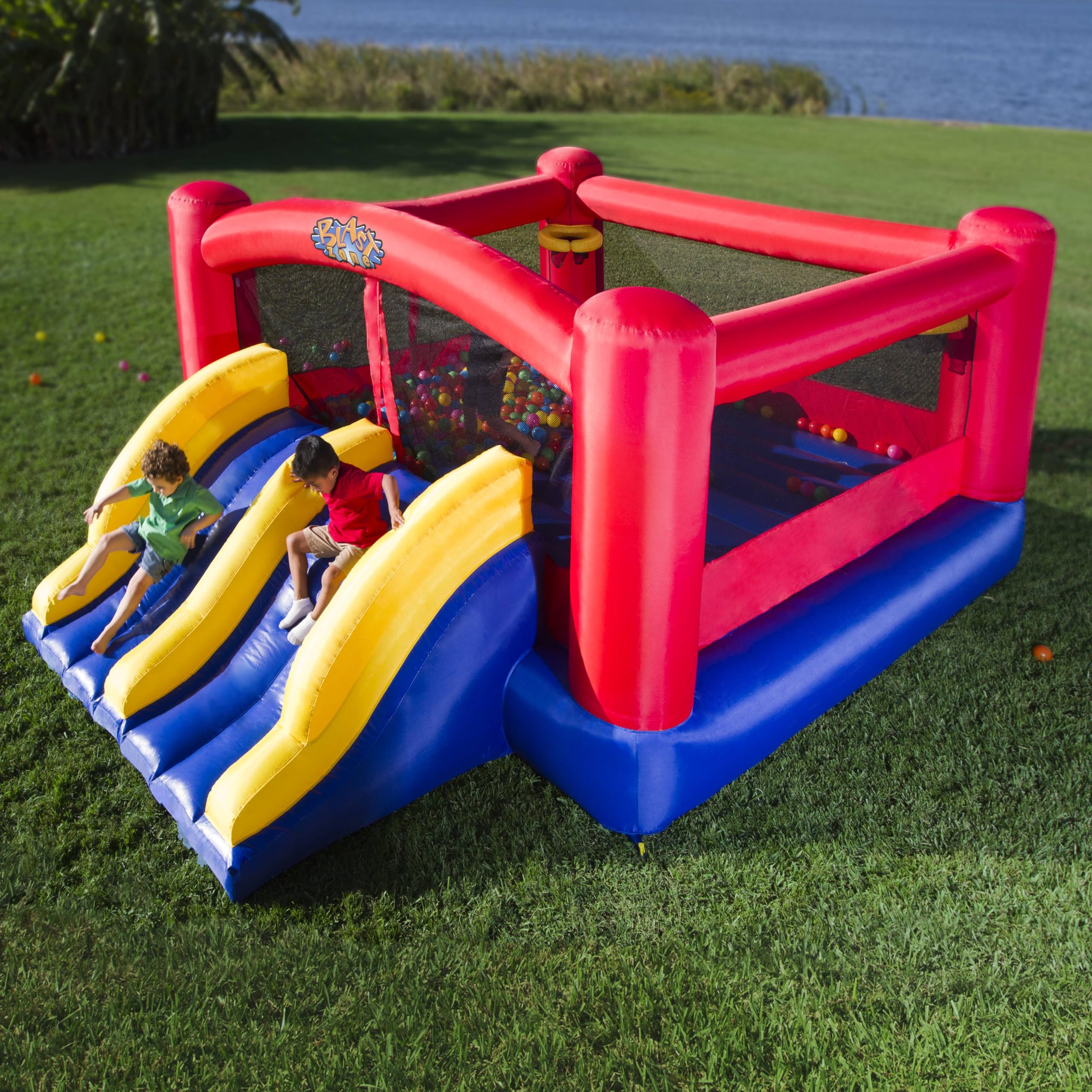 Blast Zone Triple Play Inflatable Combo Bounce House - Massive 16x14 - Blower - Premium Quality - 7 Players - Double Slides