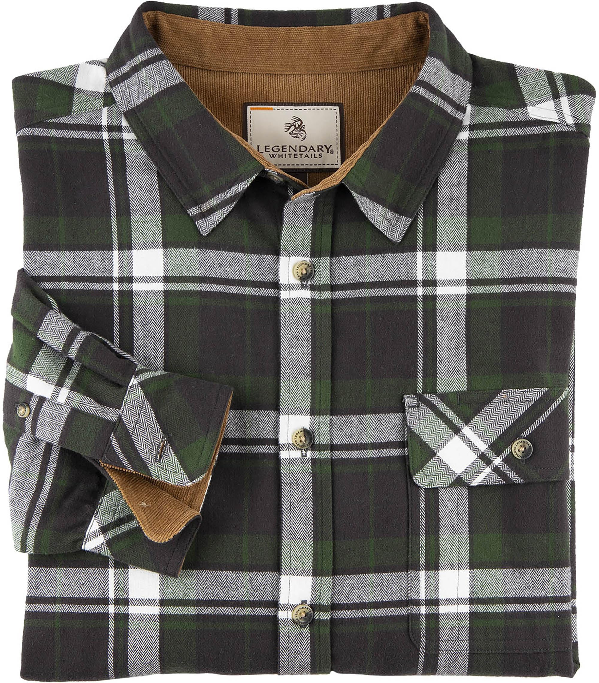 Legendary Whitetails Men's Standard Buck Camp Flannel, Long Sleeve Plaid Button Down Casual Shirt, Corduroy Cuffs, Mountain Charcoal, Large