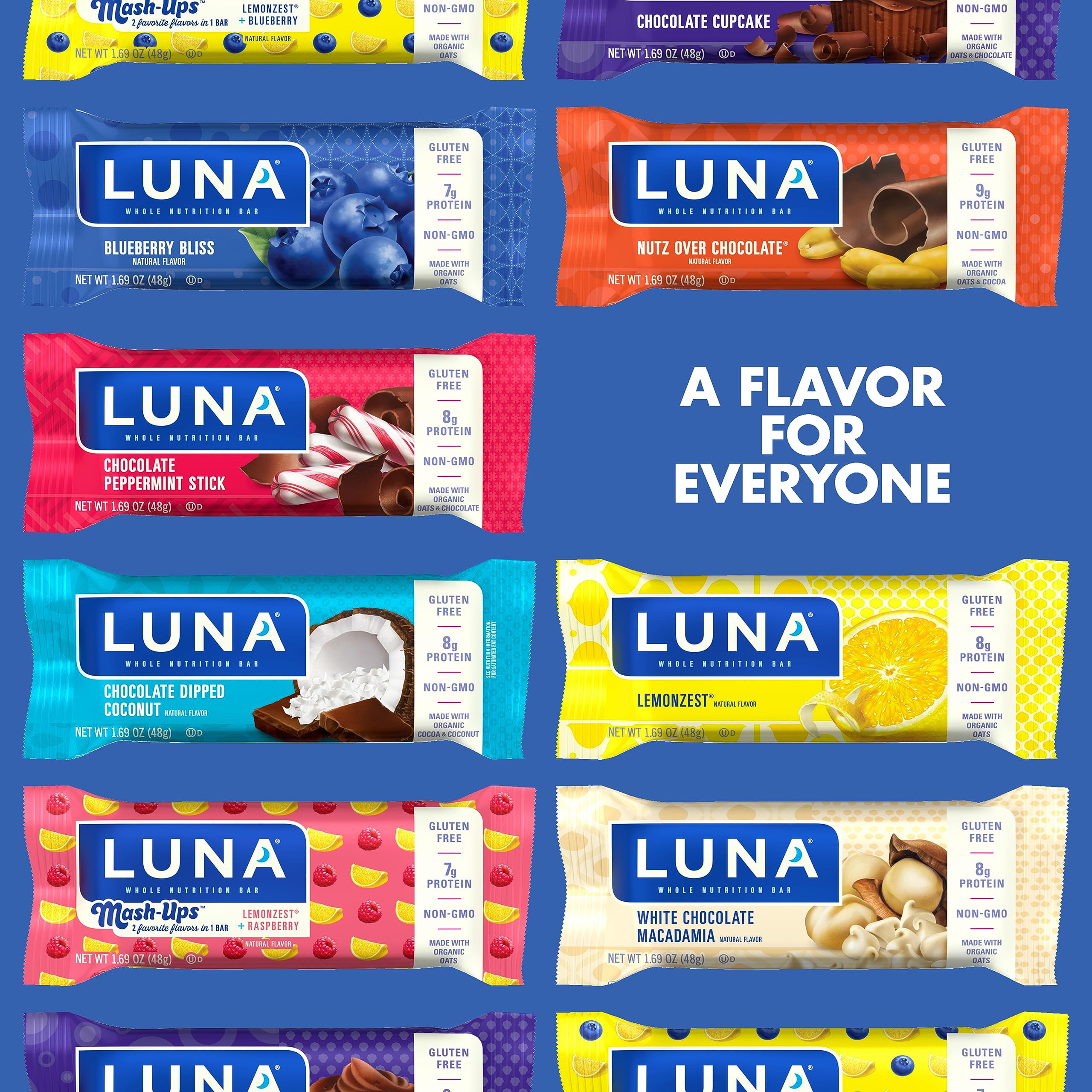 LUNA Bar - Variety Pack - Gluten-Free - Non-GMO - 7-9g Protein - Made with Organic Oats - Low Glycemic - Whole Nutrition Snack Bars - Amazon Exclusive - 1.69 oz. (12 Count)