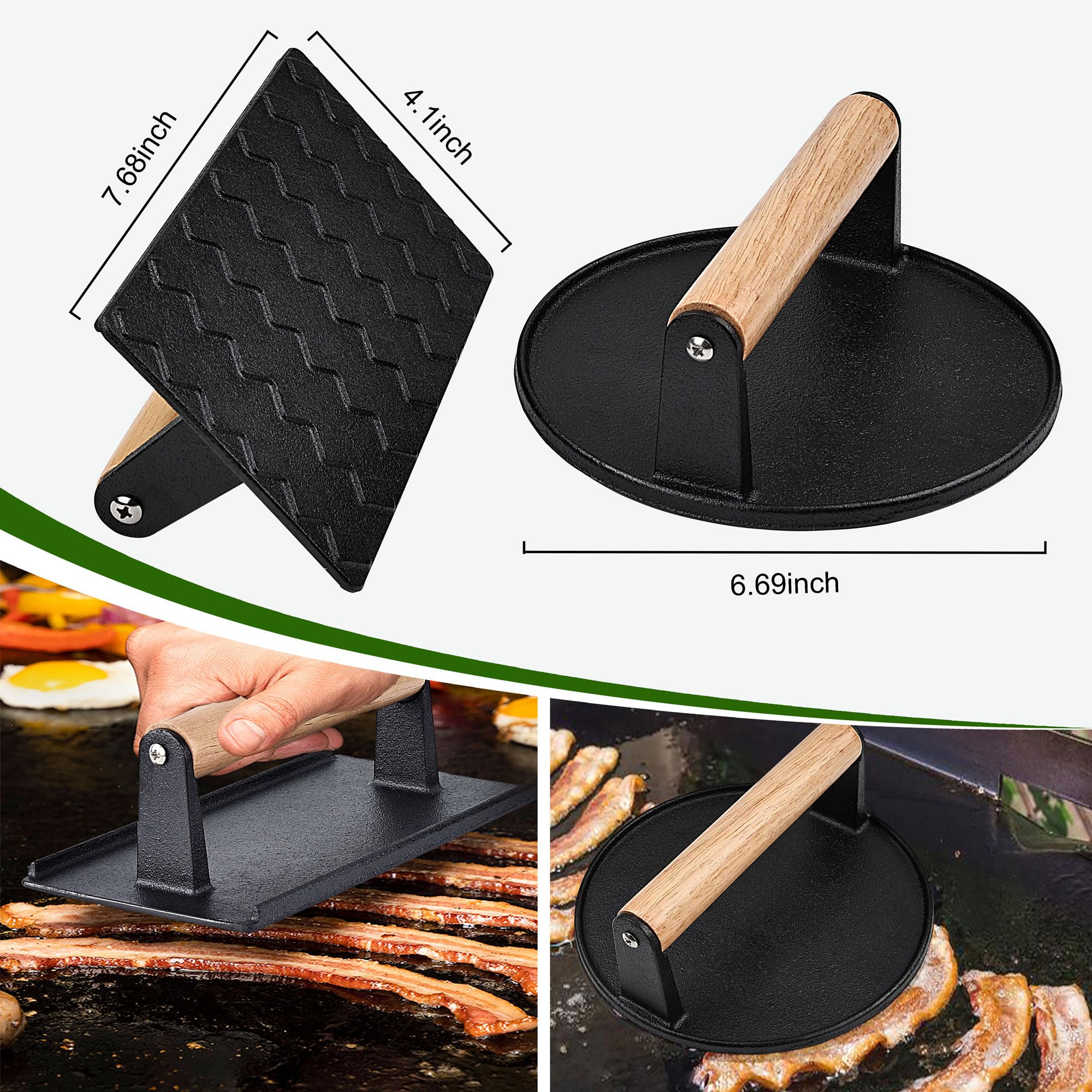 POLIGO Smash Burger Press Kit - 4 in 1 Stuffed Burger Mold, Cast Iron Burger Presses, Sauce Brushes Included - Non Stick Smash Burger Press Set for Grill and Griddle Cooking - Round and Rectangle