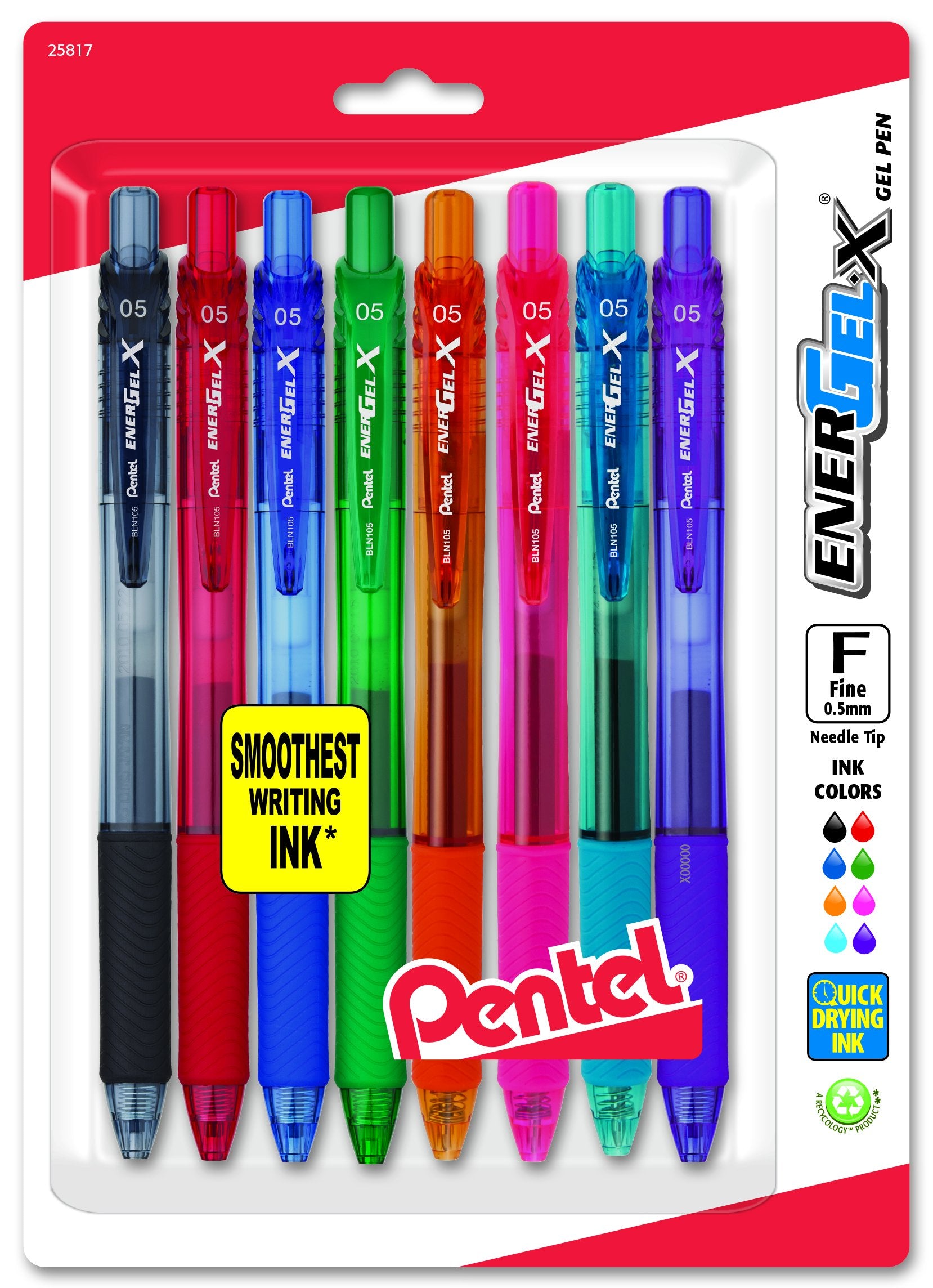 Pentel EnerGel-X Retractable Liquid Gel Pen, 0.5mm, Needle Tip, Assorted Ink, Pack of 8 (BLN105BP8M)