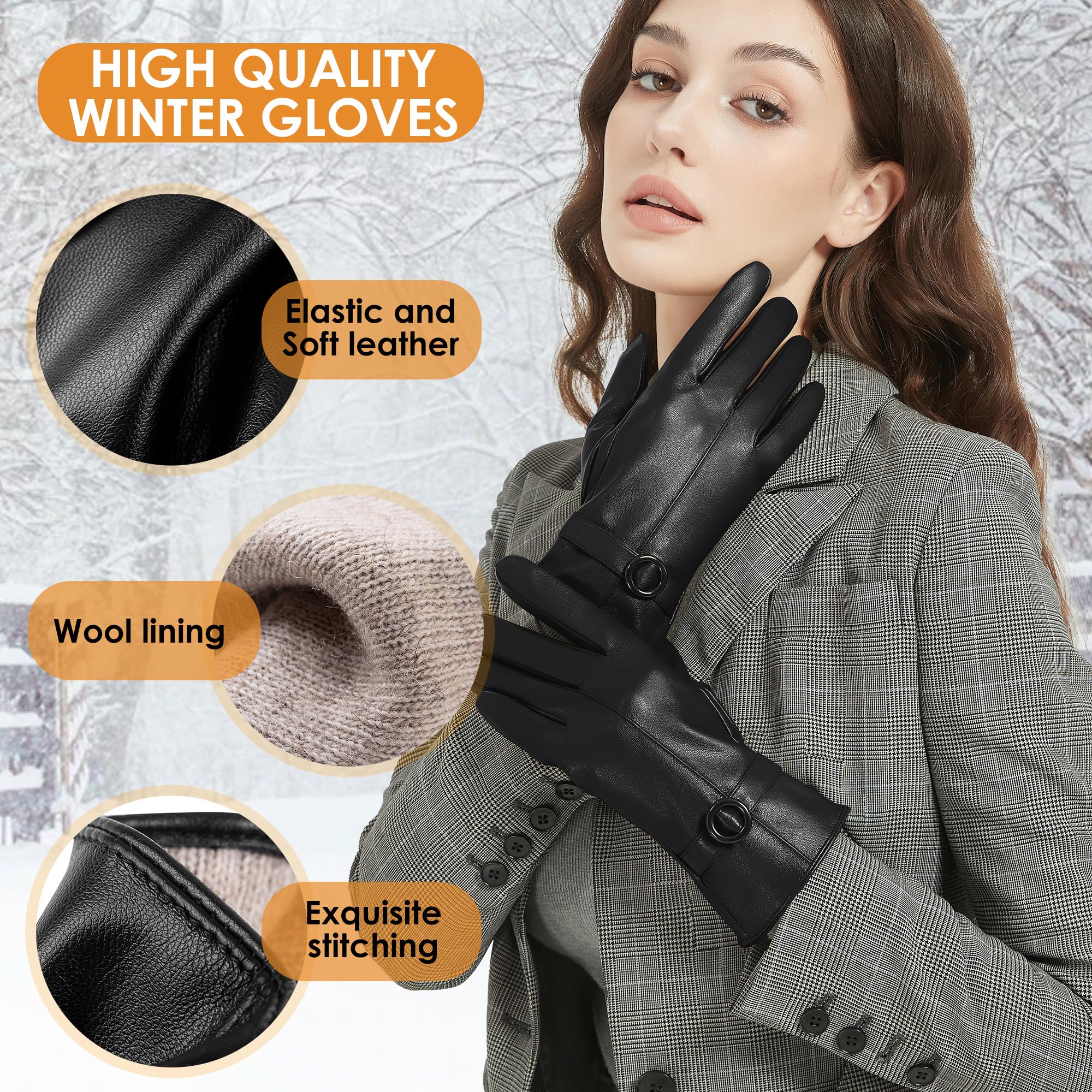 Womens Winter Leather Gloves Touchscreen Texting Warm Driving Lambskin Gloves (Black, M)