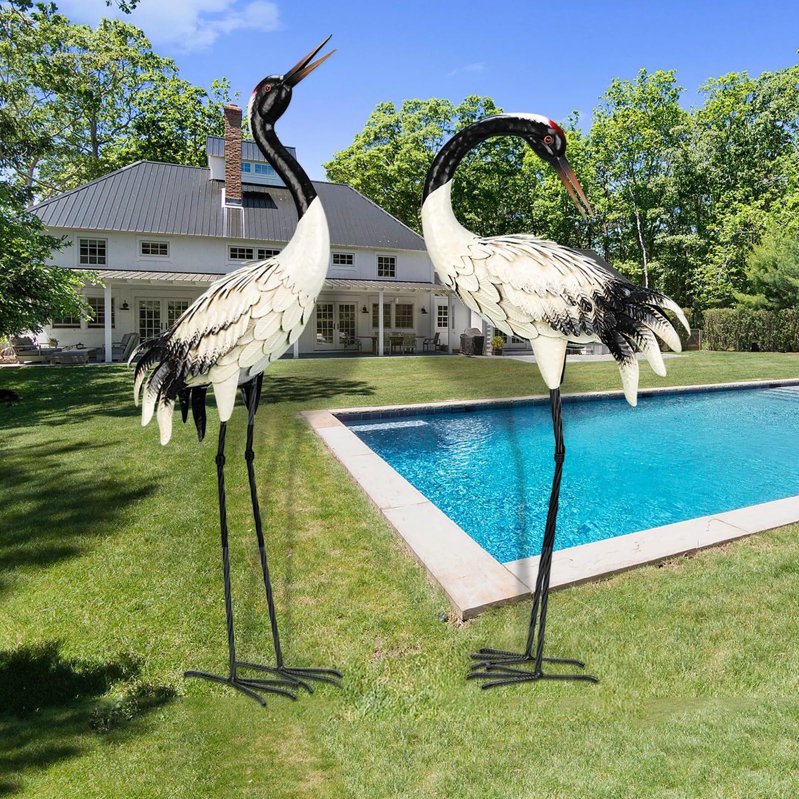 chisheen Garden Crane Statues Outdoor Heron Red Crowned Crane Metal Yard Art Sculpture,Set of 2