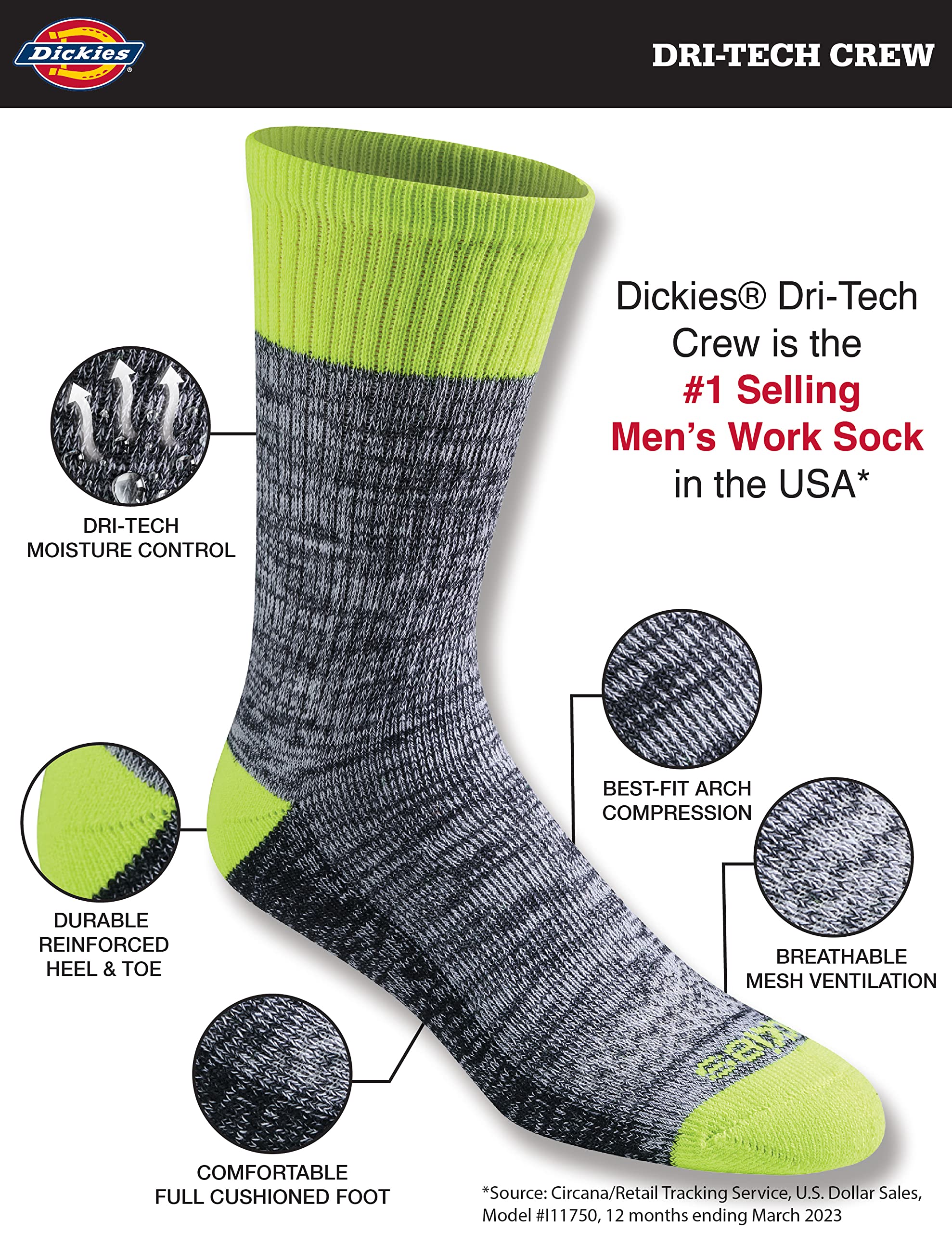 Dickies Men's Dri-Tech Moisture Control Crew Multipack Socks, Hi-vis Yellow Black (6 Pairs), Large