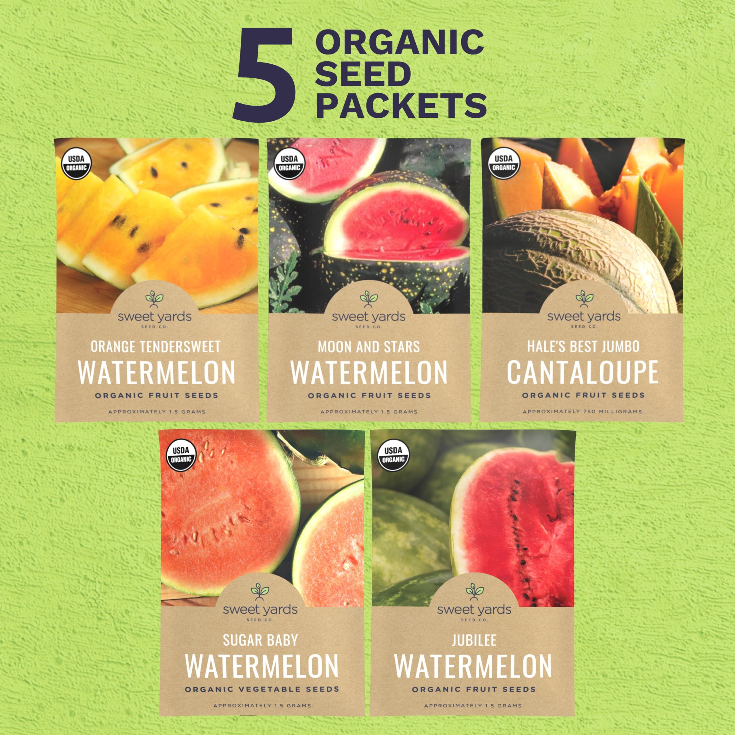 Organic Melon Medley Garden Seeds Variety Pack- Watermelons and Cantaloupes - Non-GMO USDA Certified Organic Open Pollinated Heirloom USA Fruit Seed Packets