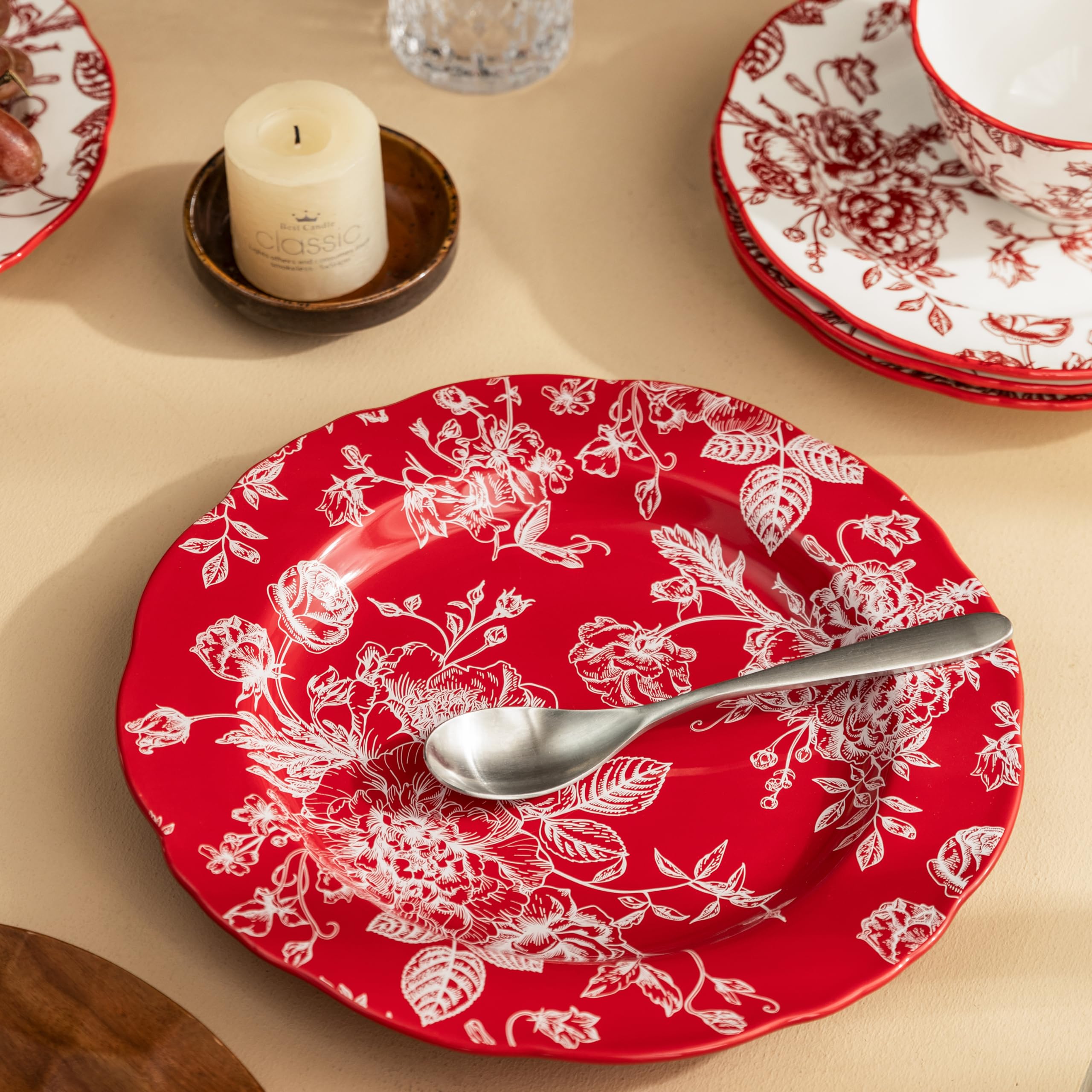 MDZF SWEET HOME 14-Piece Vintage Rose Holiday Service for 4 Dinnerware Set,Red Rose Plates and Bowls Set,Suit For Wedding,Housewarming,Afternoon Tea