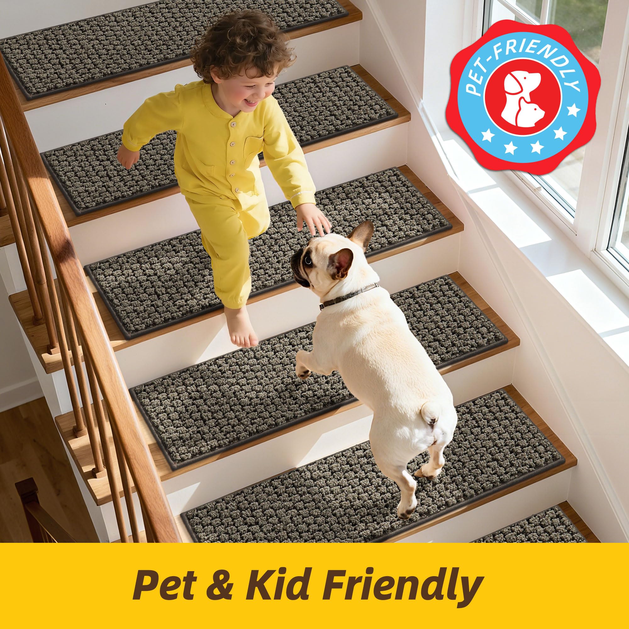 JSEI Stair Treads for Wooden Steps, 14 Pack 9" X 28" Non-Slip Machine Washable Carpet Stair Treads with TPE Backing, Soft Indoor Stair Rug Runner for Kids Elders & Pets, 100% Polyester, Greyish Brown