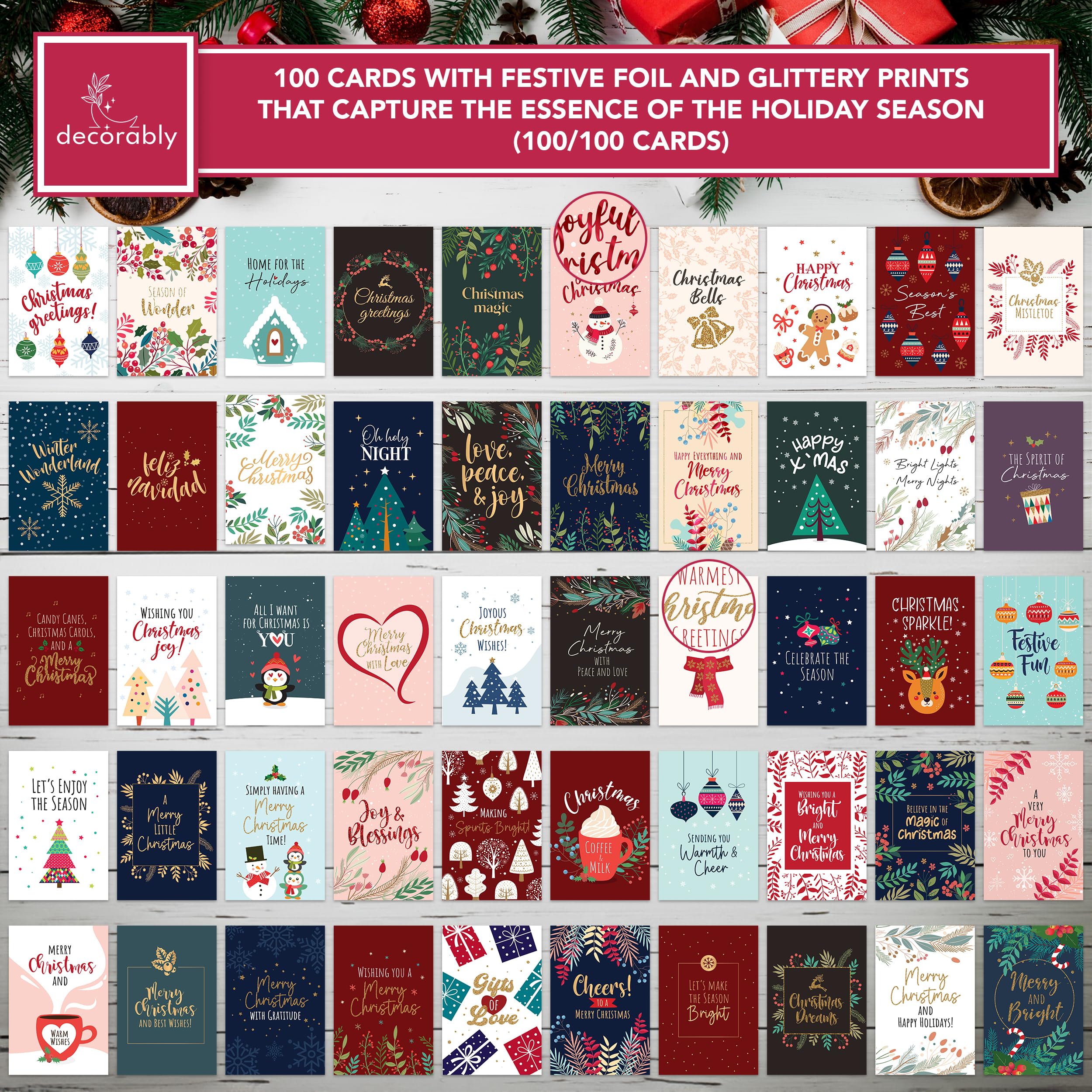 Decorably 100 Pack Boxed Assorted Christmas Cards with Envelopes & Stickers, 100 Unique Designs with Printed Message Bulk Christmas Cards Bulk, 6x4in Bulk Christmas Cards with Envelopes Bulk