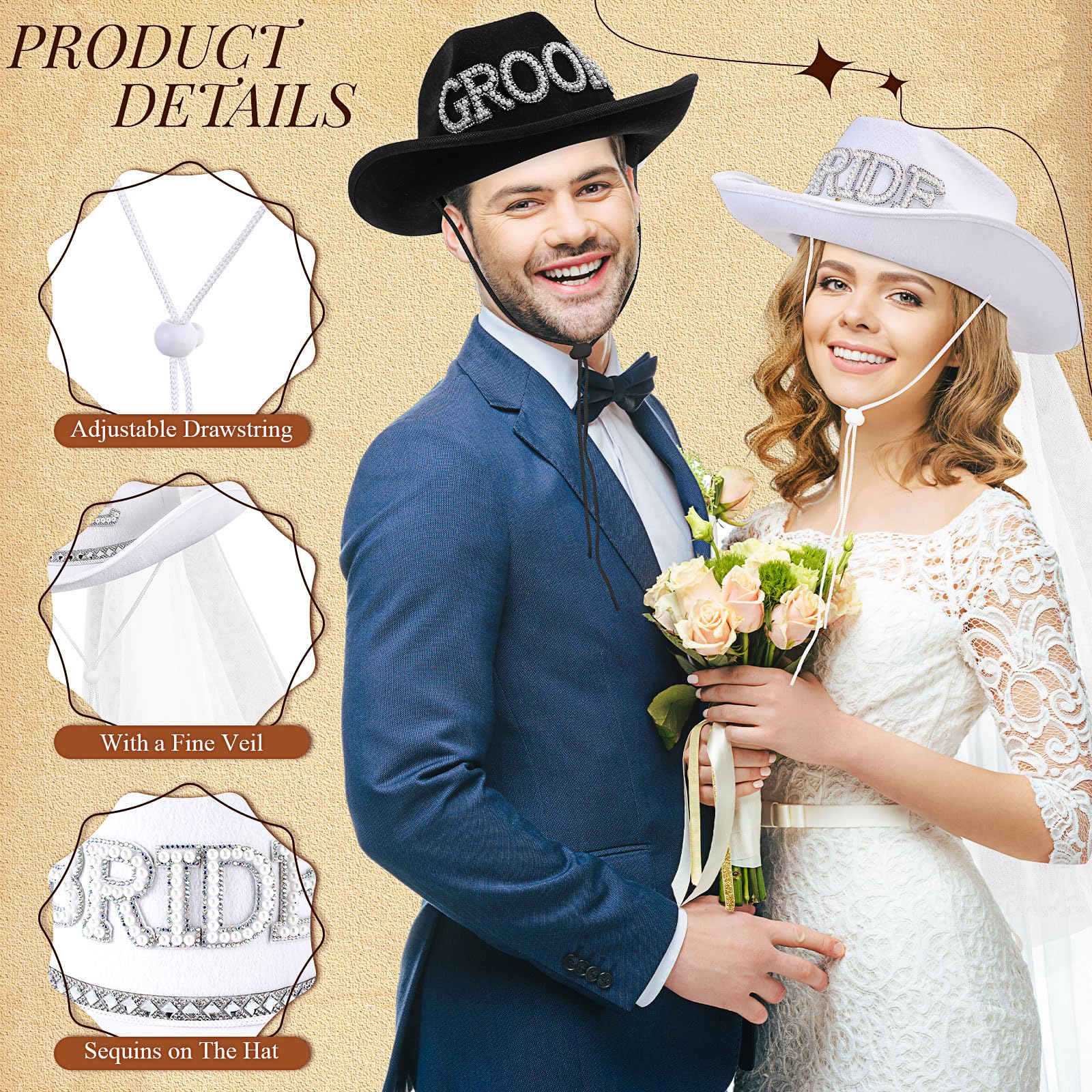 Geyoga 2 Pcs White Bride Cowboy Hat with Veil Black Groom Cowboy Hats for Wedding Bridal Shower Decor Gifts (Bride & Groom)