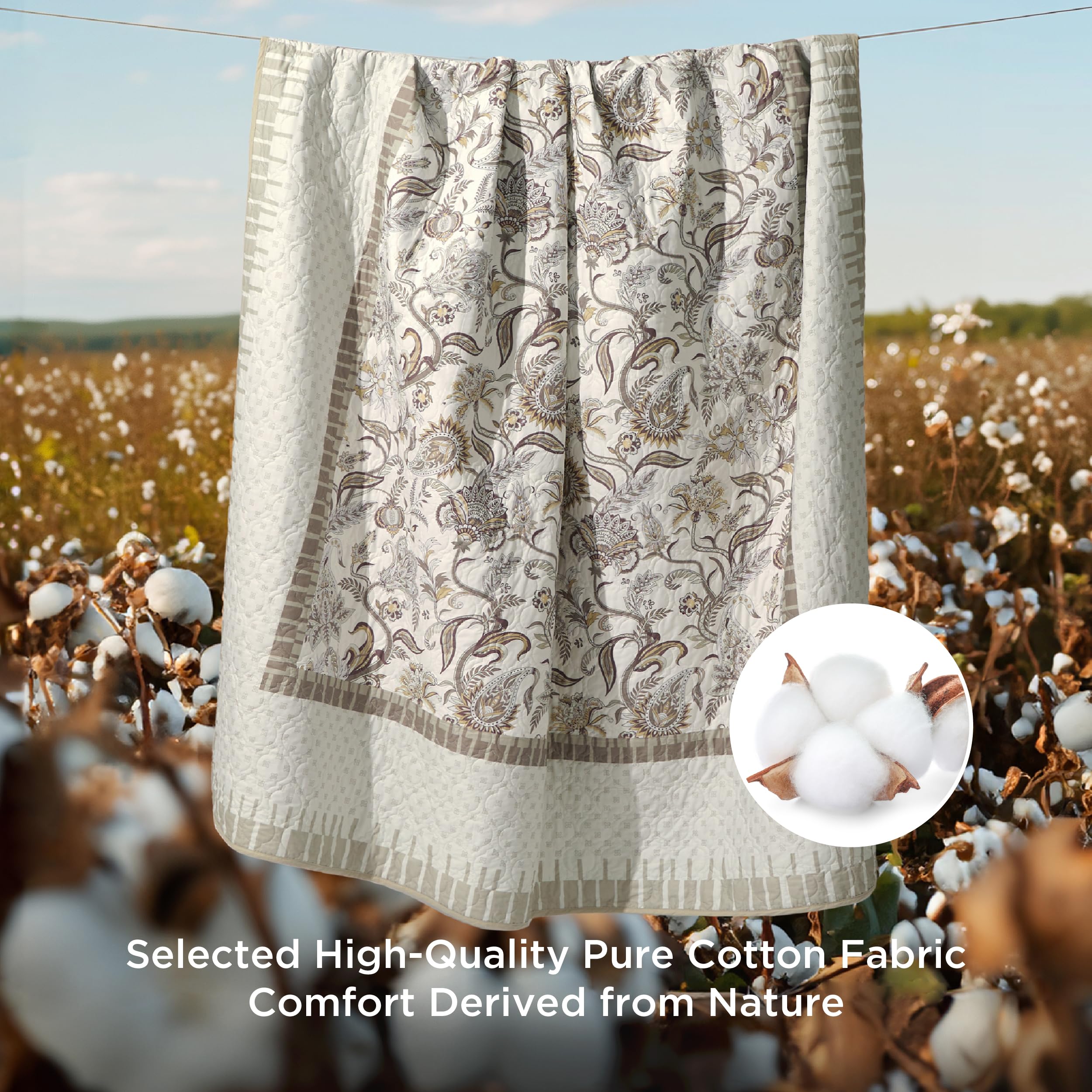 Bedsure Cotton Quilt Set Queen - Paisley Pattern Reversible Quilt Bedding Set, 3 Pieces Microfiber Bedspread, Taupe Floral Coverlet Set with 2 Pillow Shams for All Seasons (90"x96")