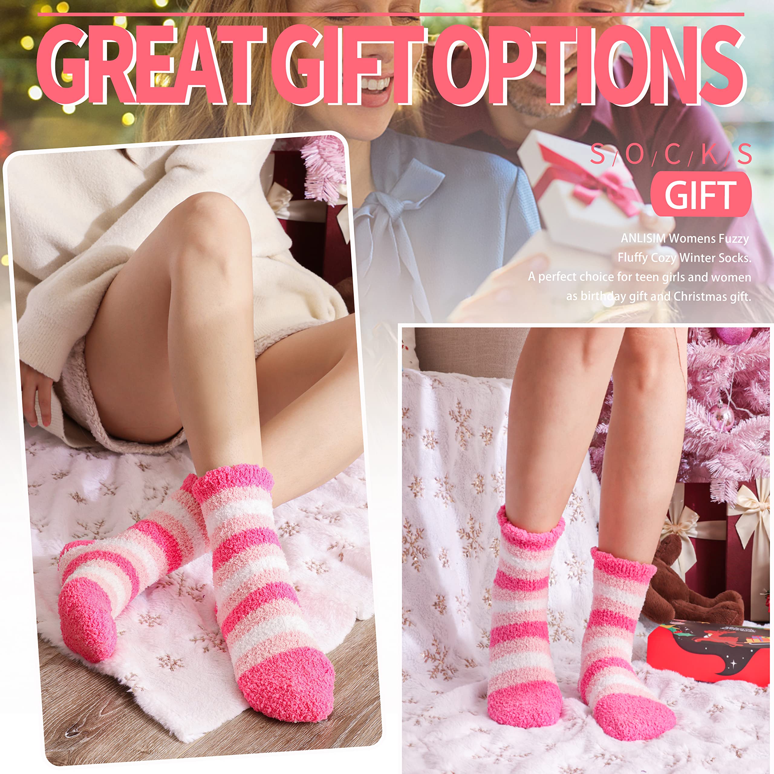 Anlisim Fuzzy Socks for Women Cozy Fluffy Winter Cabin Girls Slipper Warm Fleece Soft Thick Comfy Valentines Day Gift for Her Galentines Day Gifts Stocking Stuffer Christmas Home Socks(Pink)