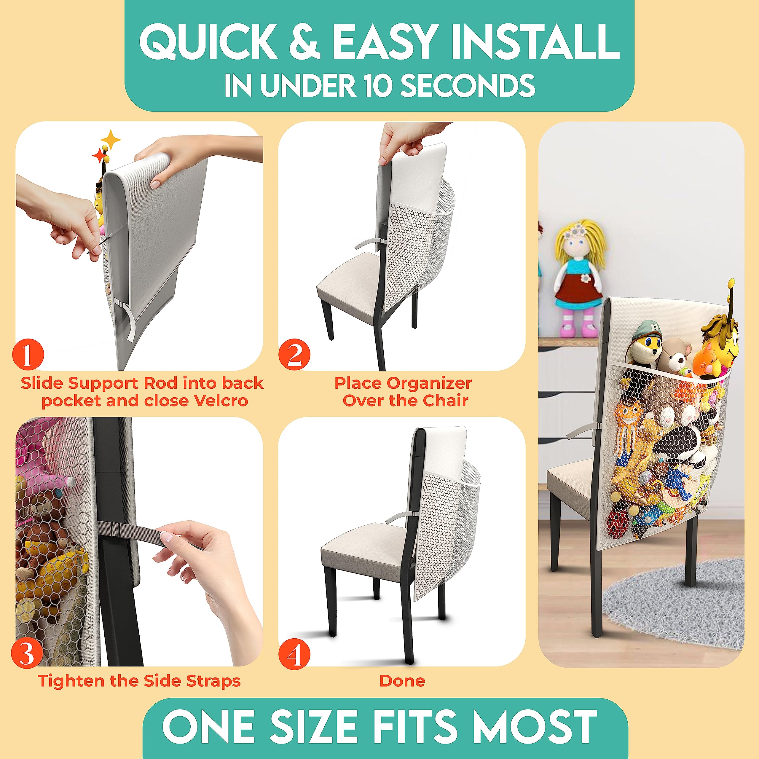 Stuffed Animal Storage Pocket for kids chair, Net & Hammock Holder: Perfect Toy Hammock Organizer for All Plushie & Large Hanging Corner Ideas and Plush Animals Stuff, Stuffed Animal Holder, White