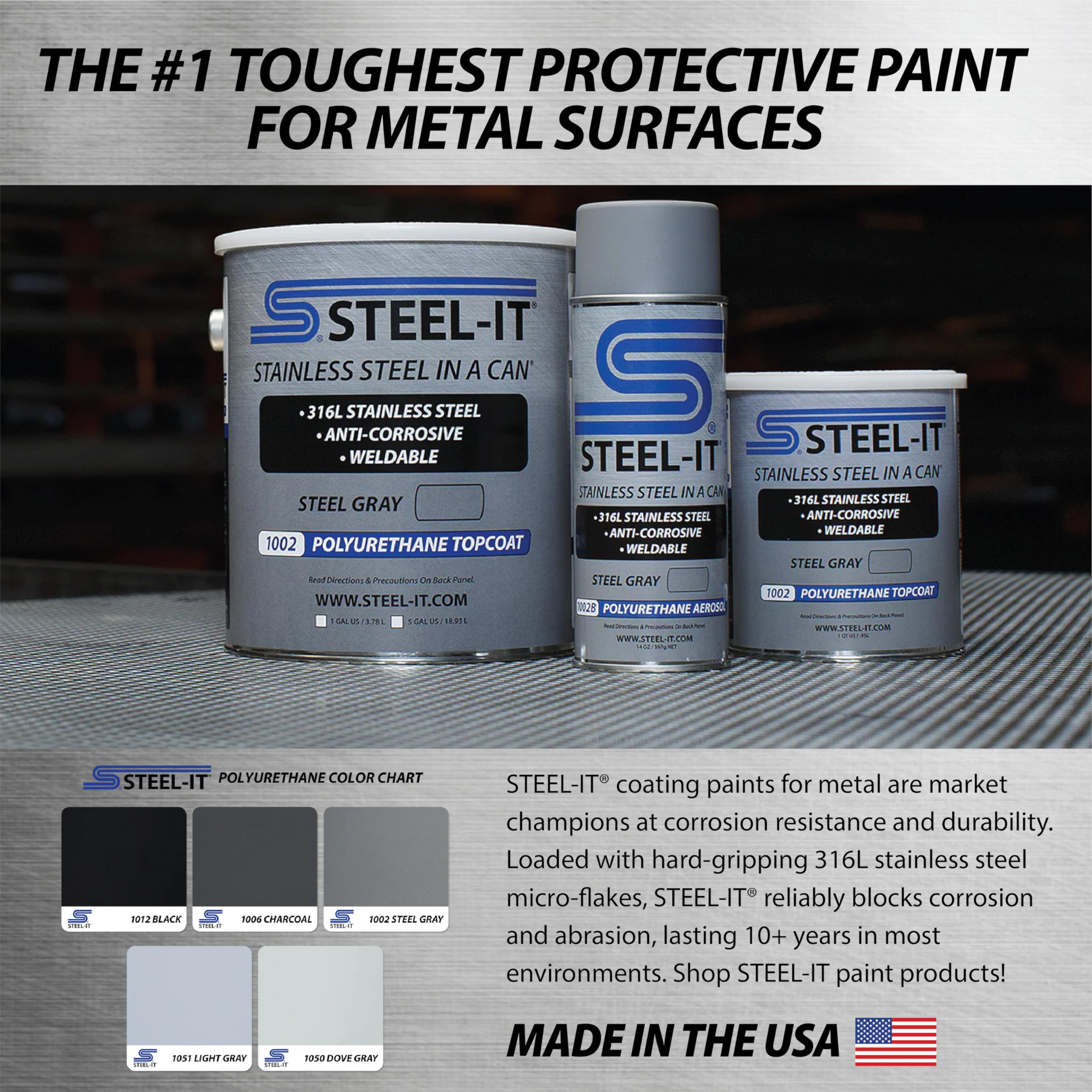 Steel-It 1002G Polyurethane Topcoat, Weldable, Superior Anticorrosion Coating - Steel Gray (1 Gallon)